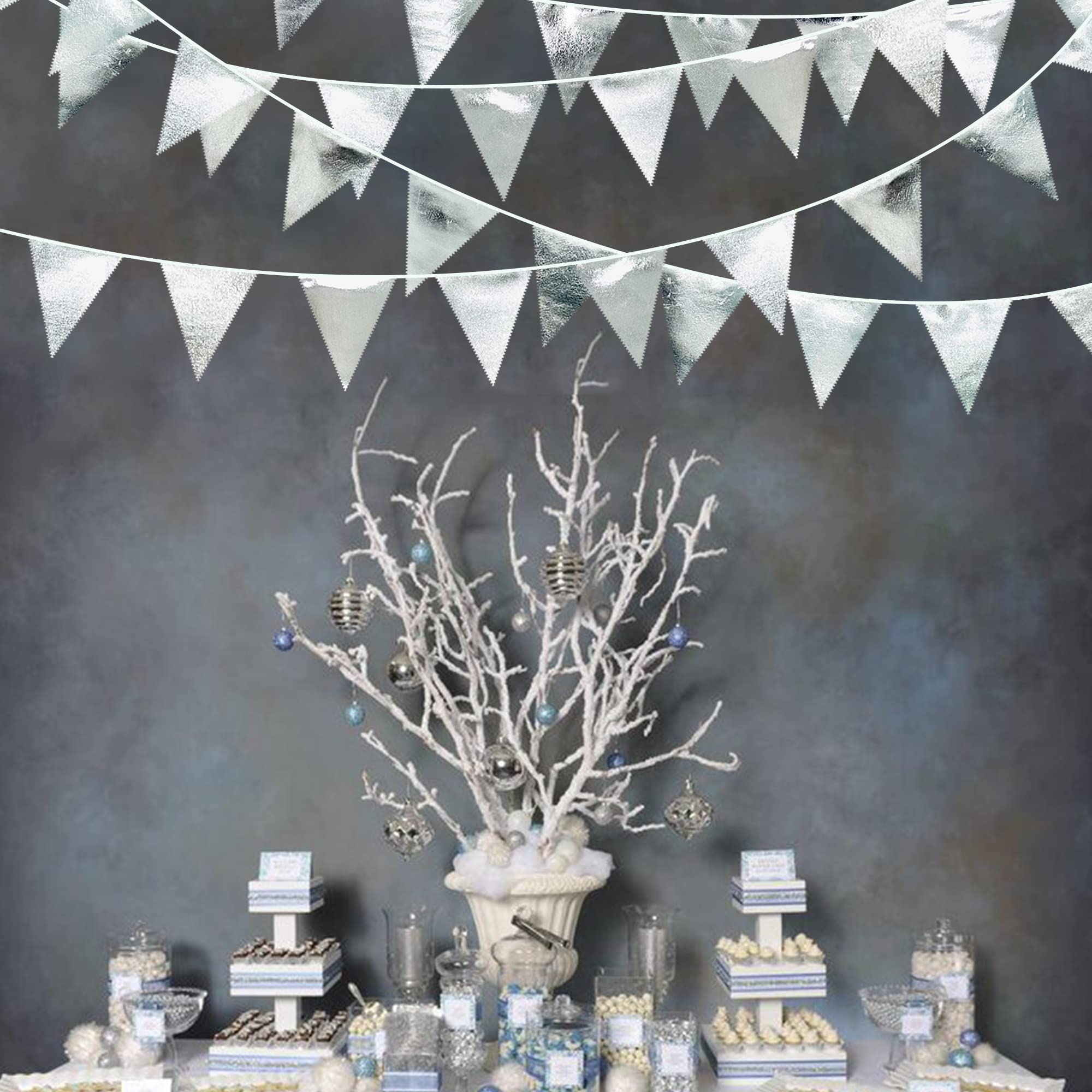 Silver Party Decorations Metallic Fabric Triangle Pennant Banner Silver Flag Bunting Garland For Graduation Birthday Wedding Bri