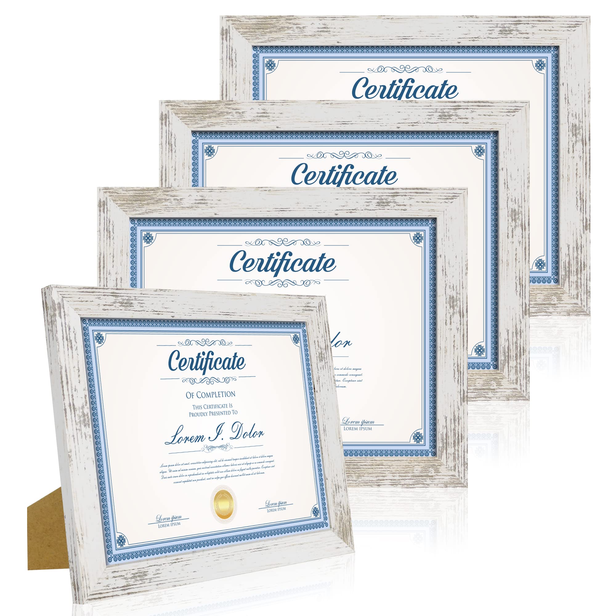 Hongkee 8.5 x 11 Picture Frame Set of 4, Made of Real Glass and Distressed White Certificate & Diploma Frame, 8.5 by 11 Photo fo