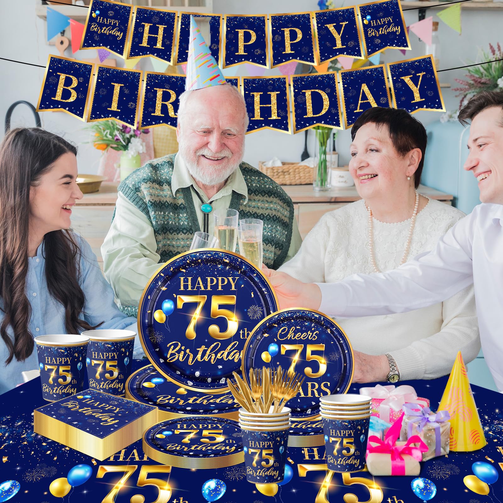 75Th Birthday Decoration Men-142Pcs Navy Blue And Gold Birthday Tableware Set(Serve For 20) Include Happy 75Th Birthday Banner P