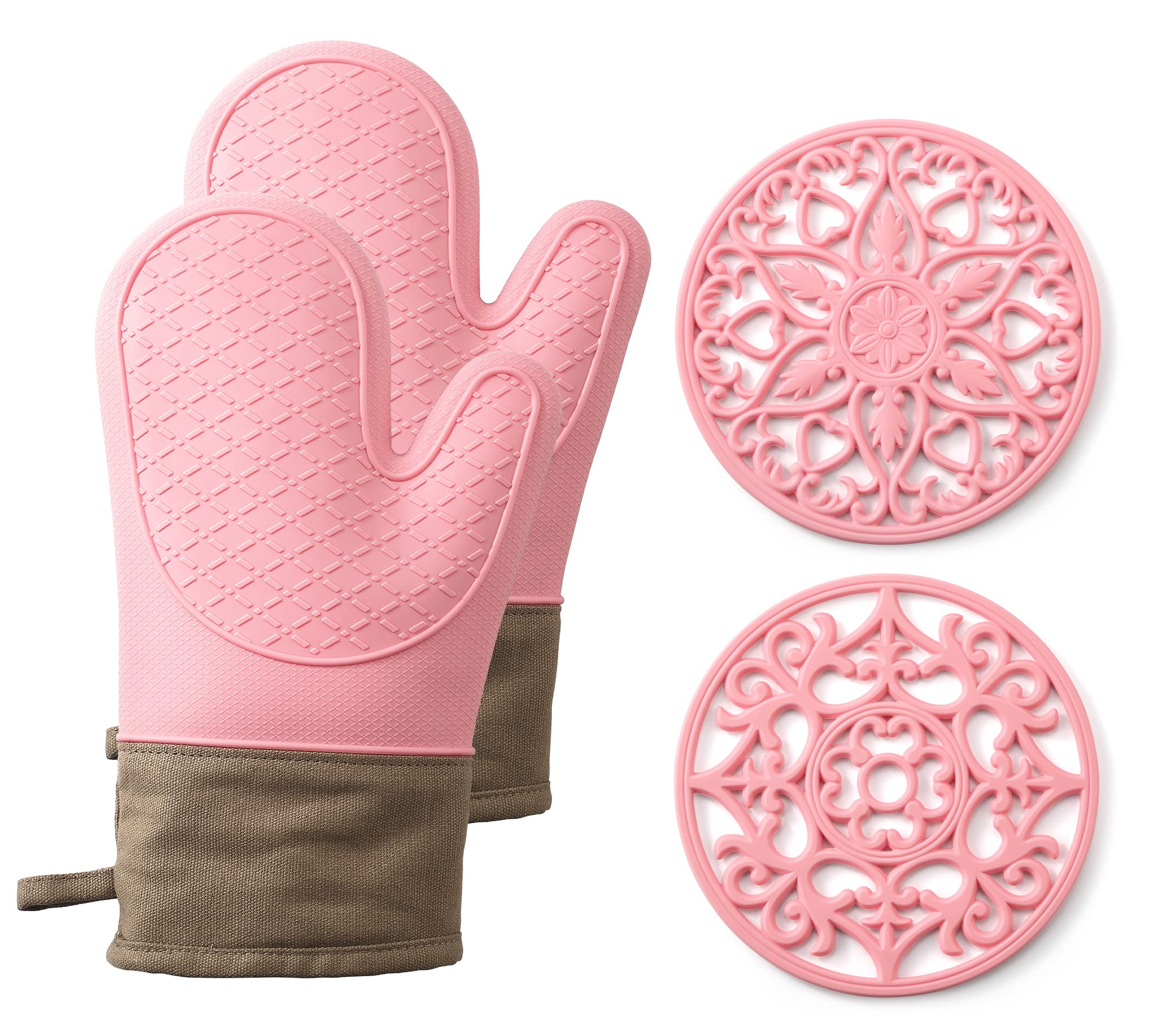 Domonic Home Oven Mitts And Pot Holders Sets, Silicone Oven Mitts Heat Resistant 600F, Oven Mitt Set Soft Lining Good Grip, Oven