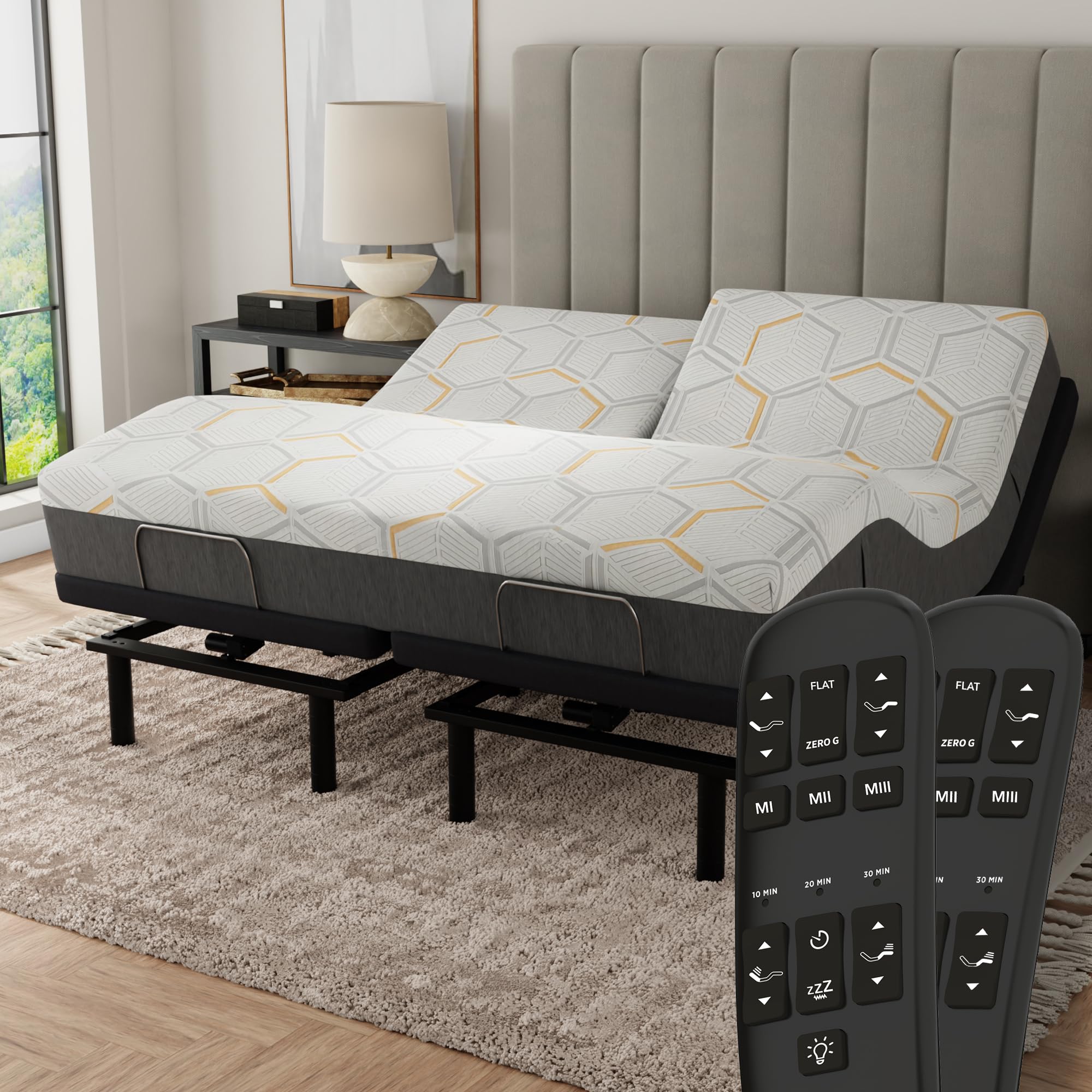 Blissful Nights - E4 Split Head Flex Top King Size Adjustable Bed Frame Set With 12'' Copper Gel Infused Memory Foam Mattress Me