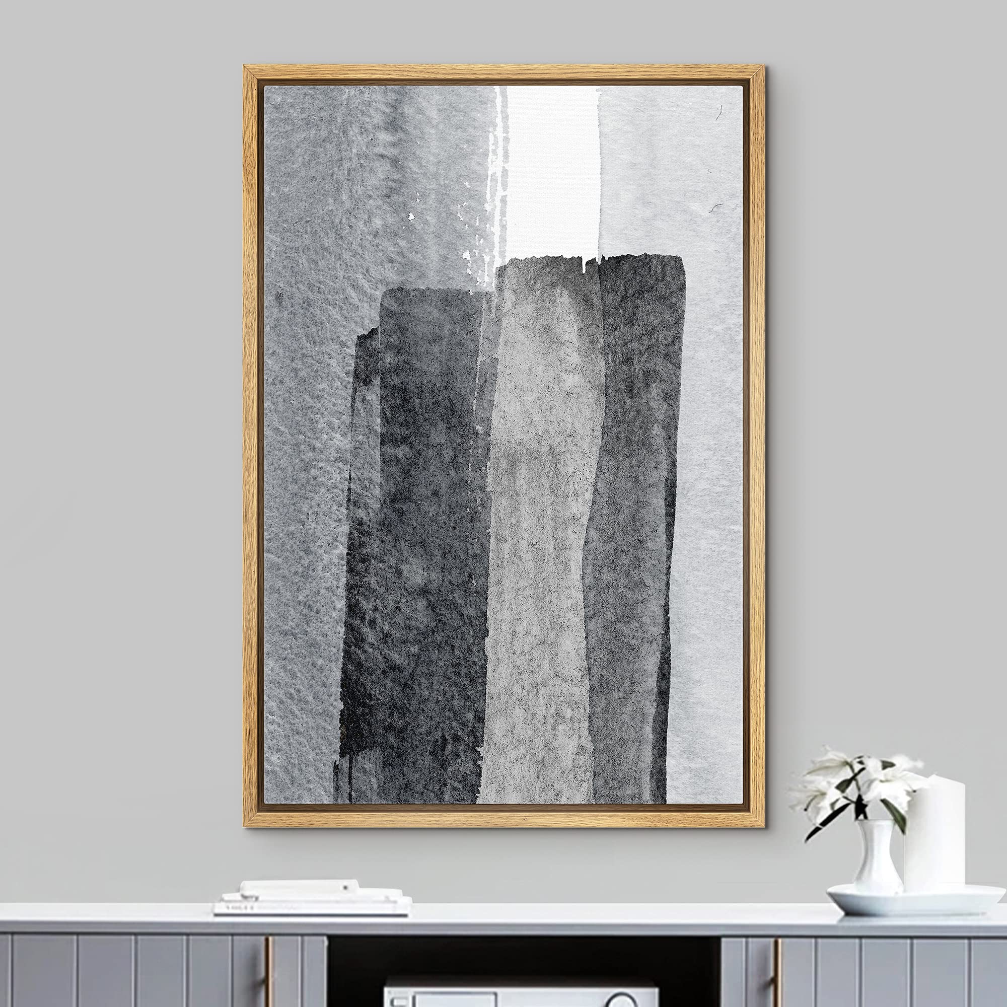 Idea4Wall Framed Canvas Print Wall Art Transparent Black & Gray Watercolor Paint Strokes Abstract Shapes Modern Art Bohemian Col