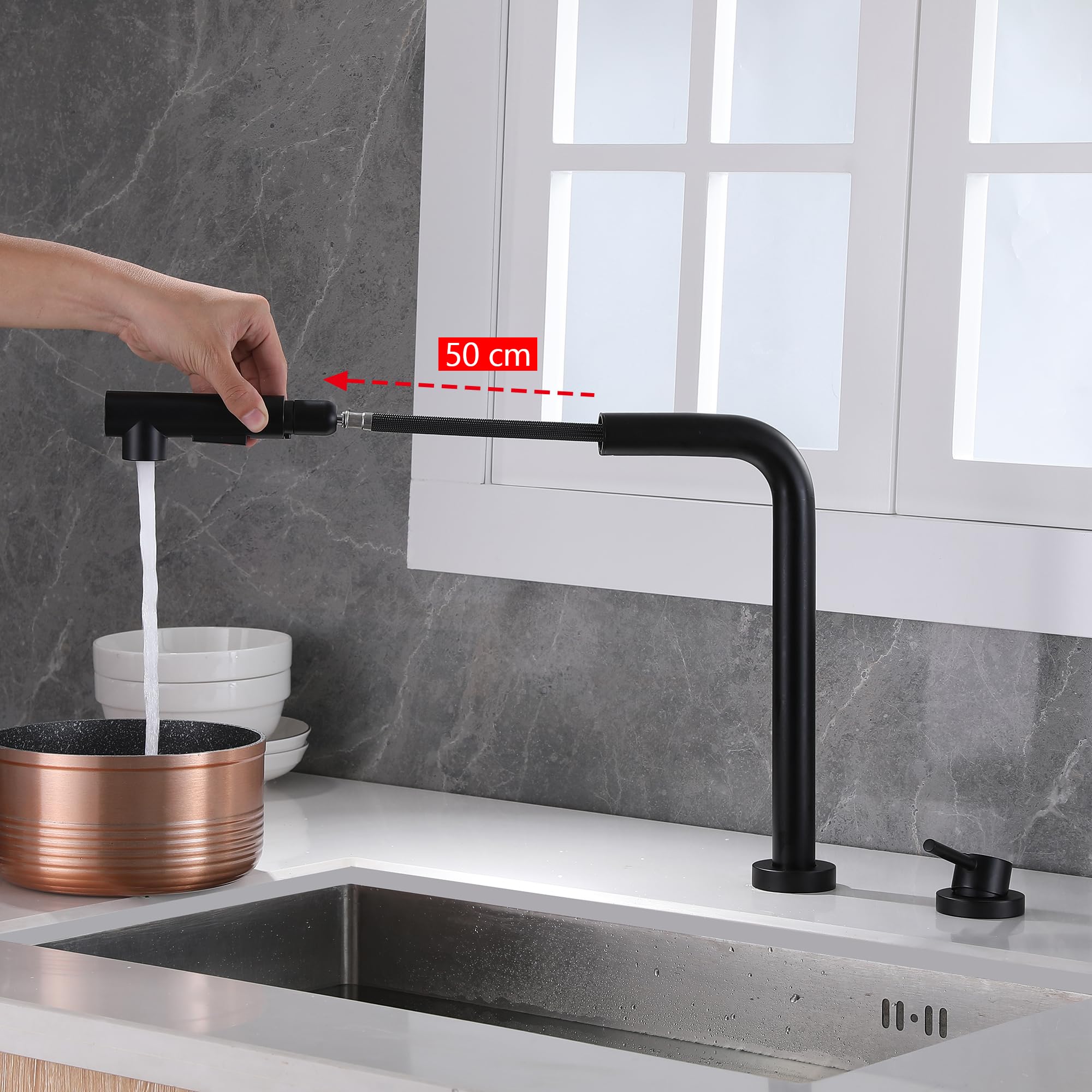 SUMERAIN 2 Hole Kitchen Sink Faucet with Pull Out Sprayer  Black Kitchen Faucet with Side Single Handle  Front Window