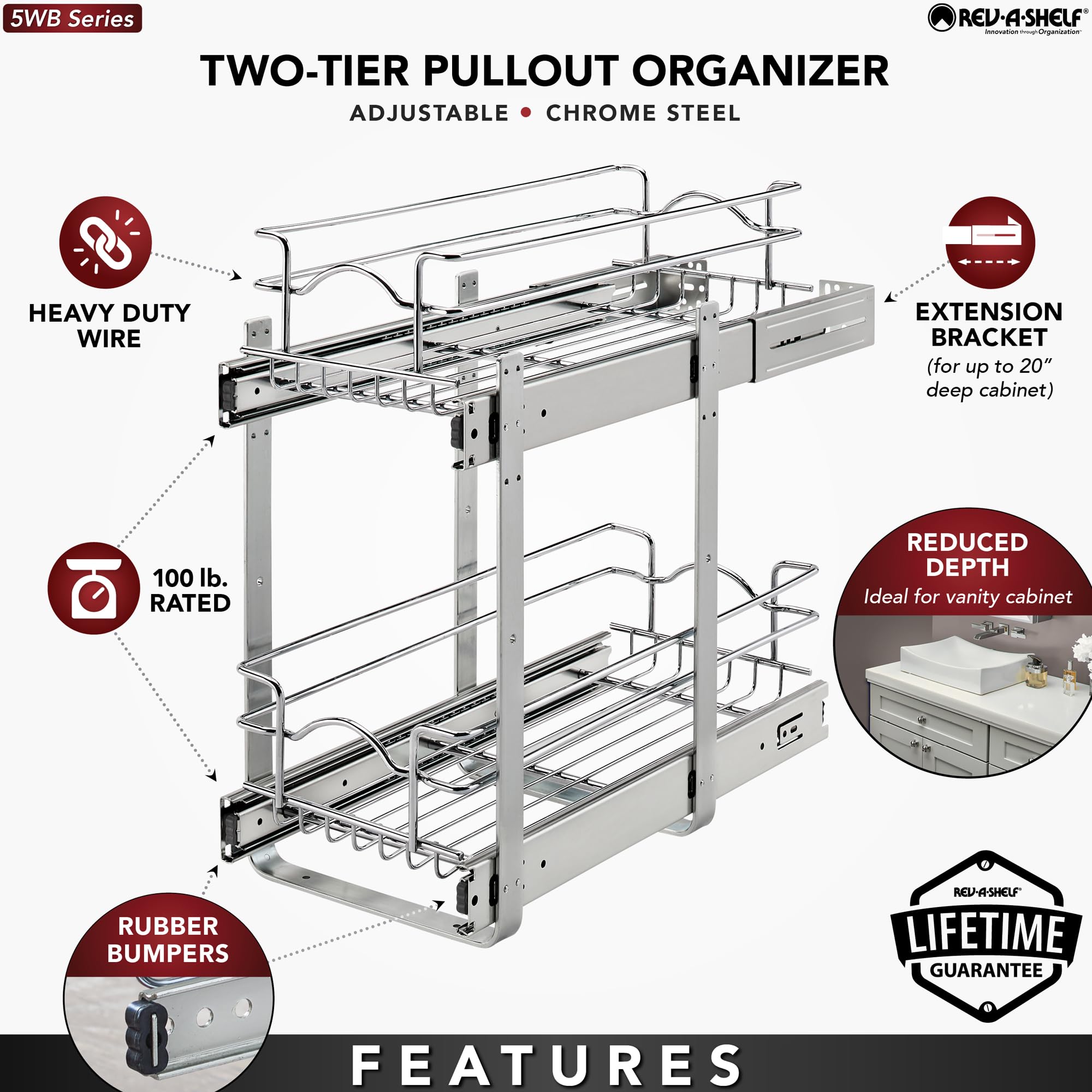 Rev-A-Shelf 2-Tier Kitchen Cabinet Pullout Shelf And Drawer Organizer Slide Out Pantry Storage Basket In Multiple Sizes, 12 X 18