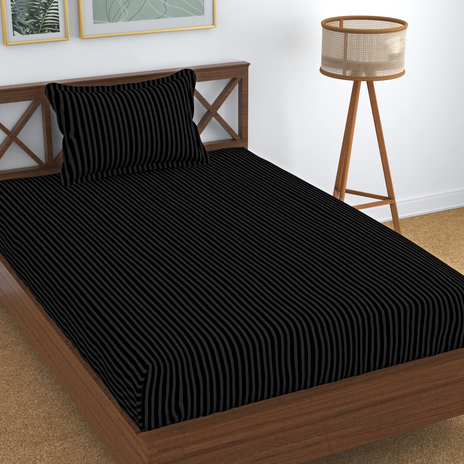 Homefab India 160 Tc Stripe Glace Cotton Single Bedsheet With 1 Pillow Cover - Black