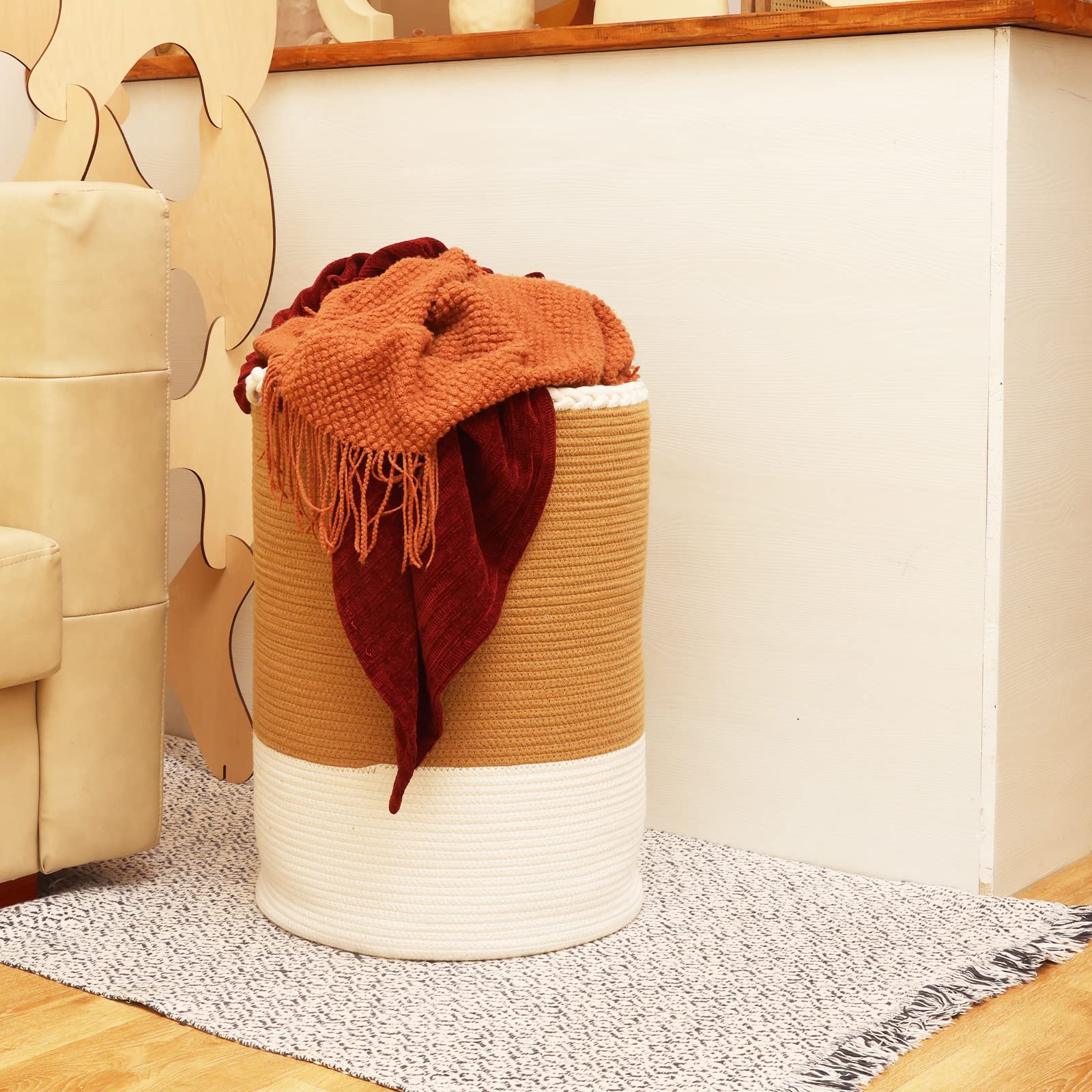 Homlikelan 72L Woven Laundry Basket,Tall Wicker Laundry Basket For Blankets,Clothes,Pillows,Toys,Shoes Large Cotton Laundry Hamp