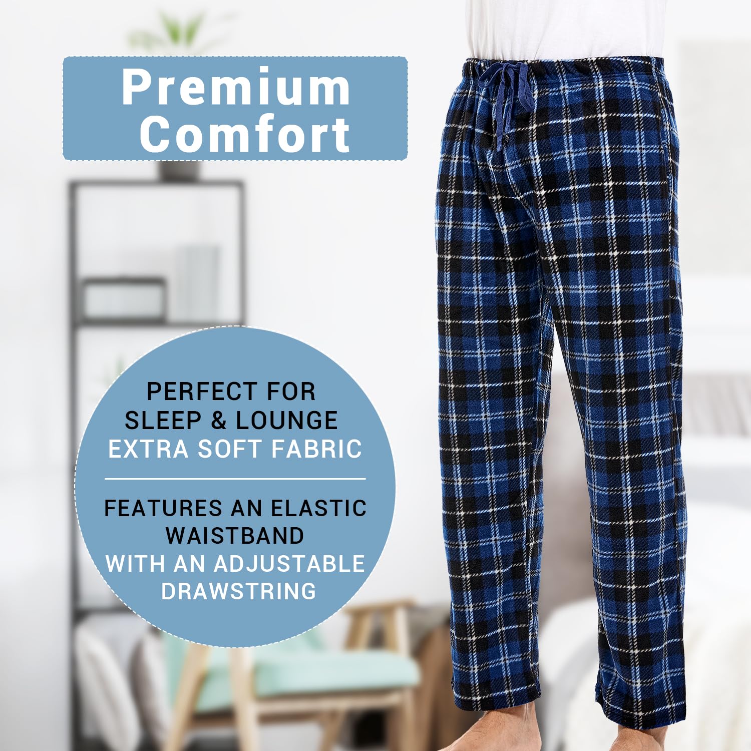 Dg Hill Menas Plaid Microfleece Pajama Pants With Pockets, Blue Plaid Pjs