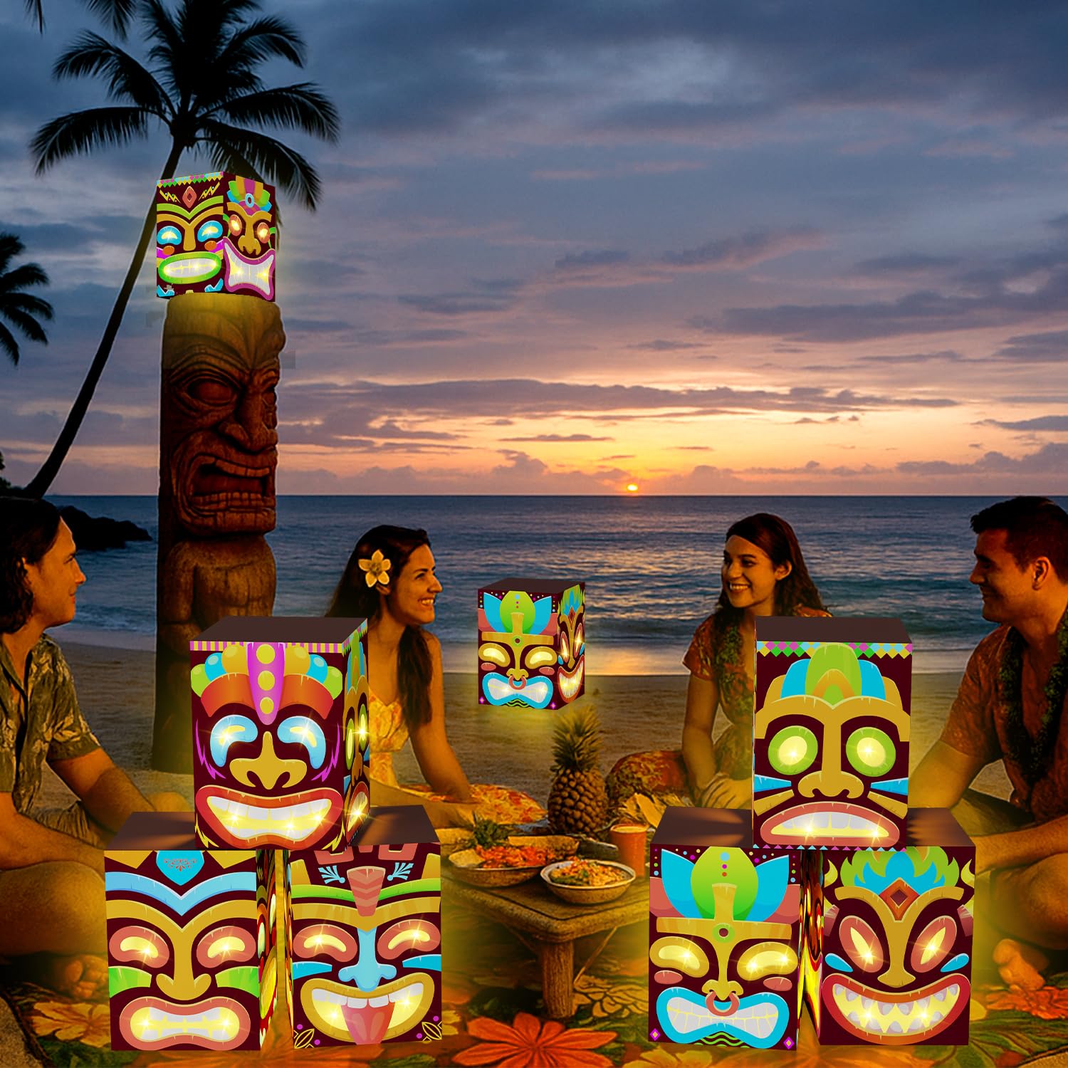 8 Pcs Tiki Totem Box Decor with Light, Luau Party Decorations for Hawaiian Birthday Party Tropical Aloha Decorations Tiki Lighte