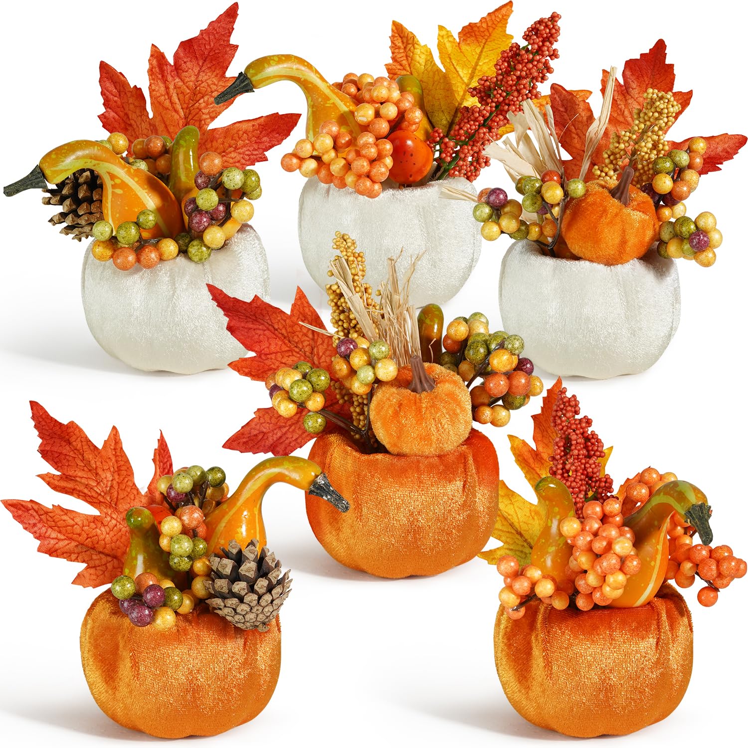 Artmag Set of 6 Artificial Pumpkins Decorations, Decorative Fabric Orange Pumpkin with Maple Berry Acorn Pine Cone Vegetables fo