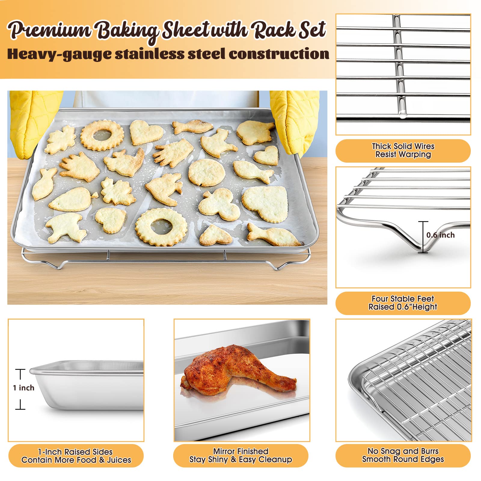 E-Far Cookie Sheet With Rack Set, Half Sheet Baking Pan For Oven Cooking, 18   X13    Stainless Steel Rimmed Tray With Wire Cool