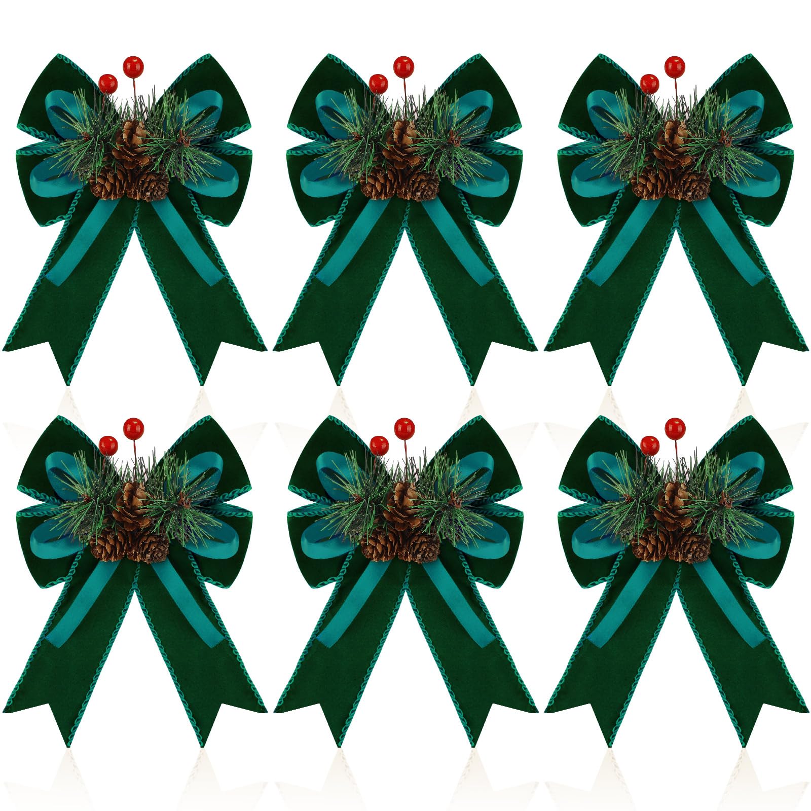 Syhood 6 Pcs Christmas Velvet Bow with Pine Cones Pine Needles Berries Xmas Dark Green Ribbon Bow Ornaments 6.3 x 5.1 Inch for C