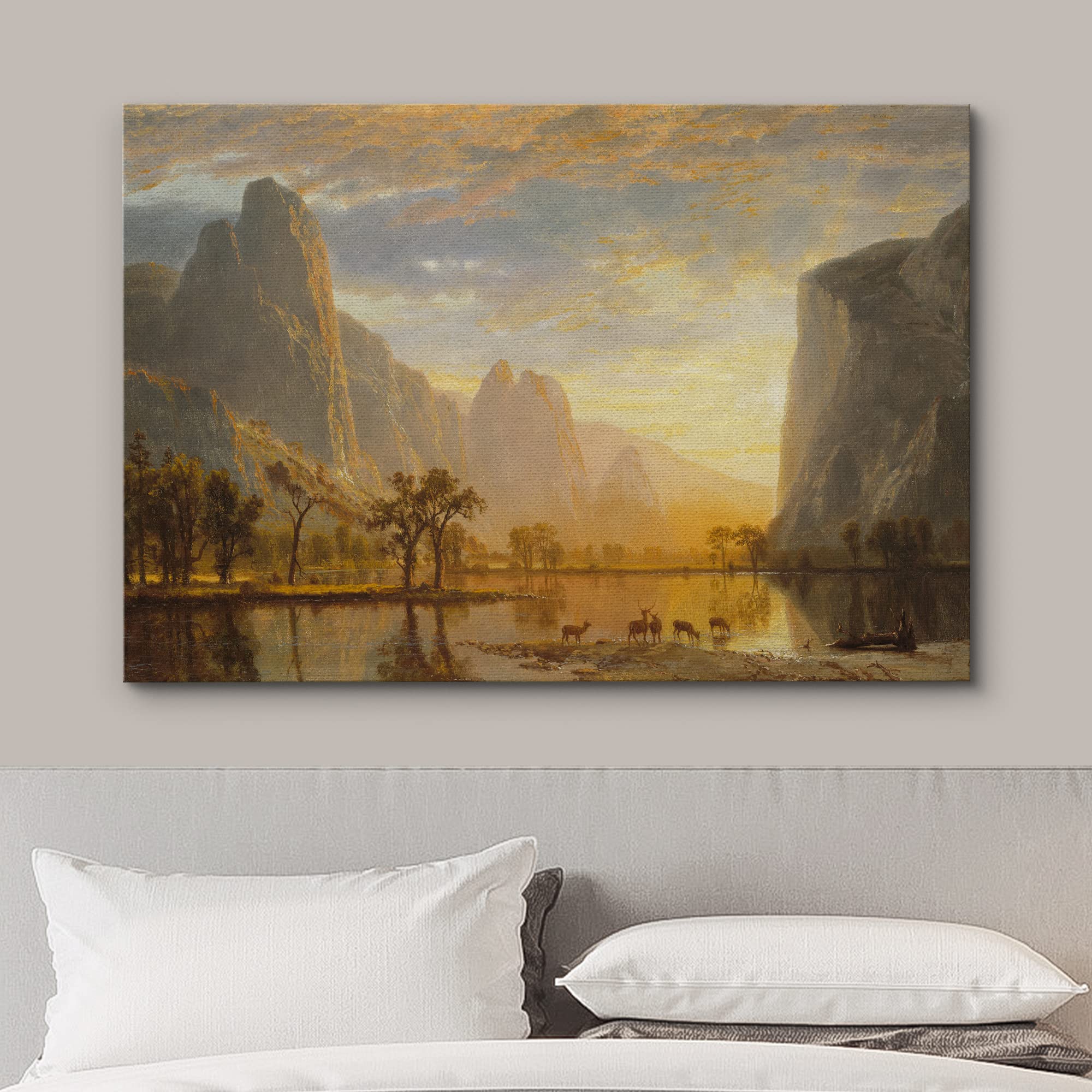 Wall26 Canvas Print Wall Art Golden Hour Over Mountain Landscape & Deer Nature Wilderness Illustrations Modern Art Rustic Scenic