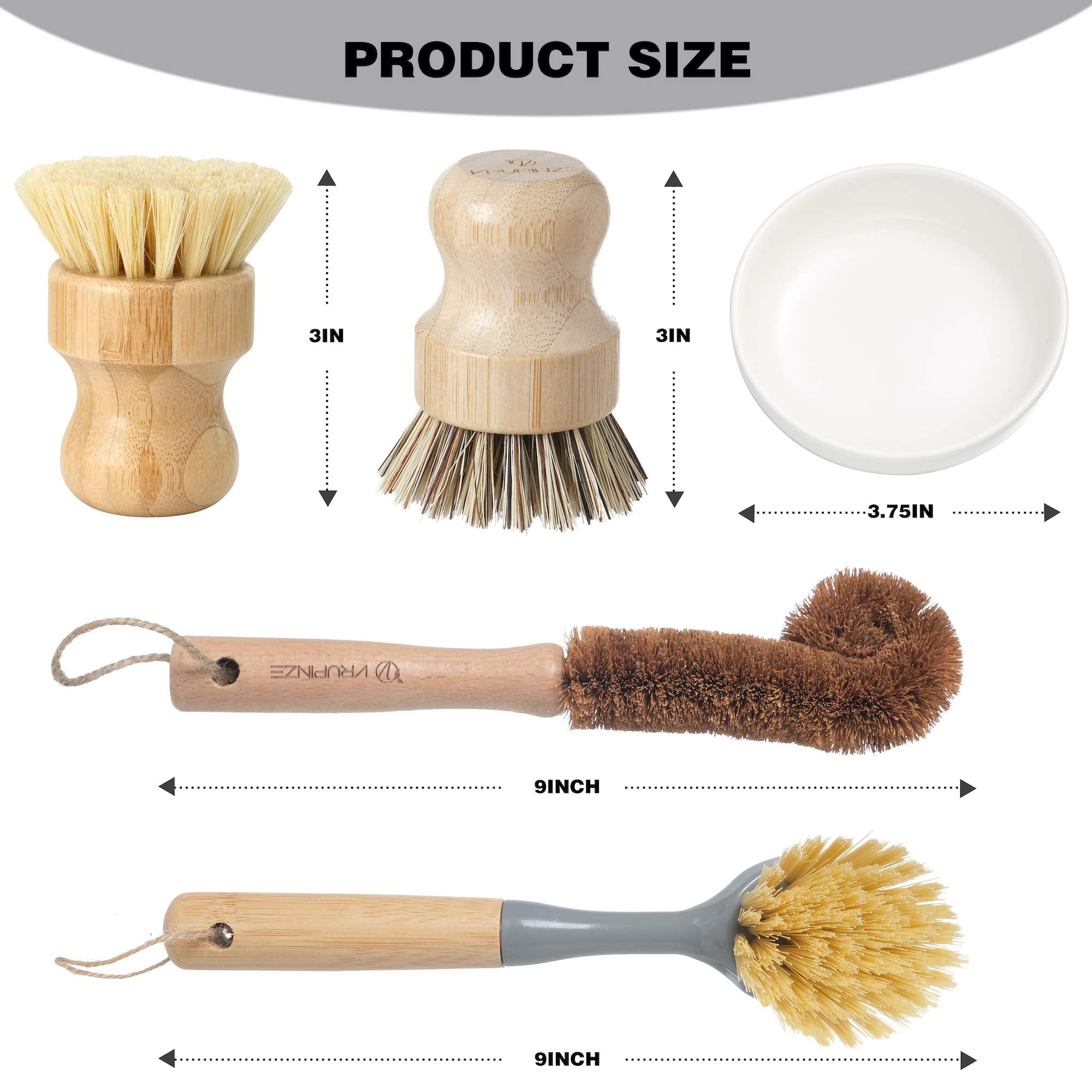 Vrupinze Natural Bamboo Dish Brush Bottle Scrub Brush 4-Piece Set, With Ceramic Soap Dispenser - Wooden Washing Up Brushes With