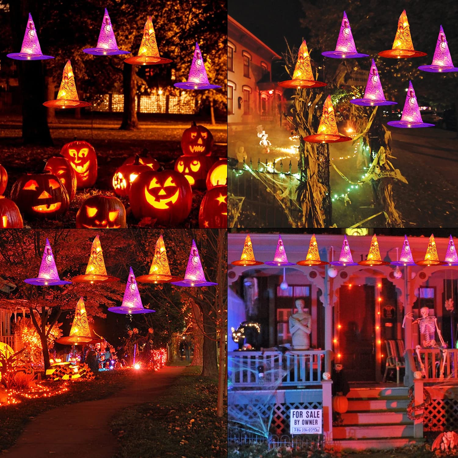 FUNPENY Halloween Decoration Lights, 8 PCS Waterproof Hanging Witch Hat with String Lights with Remote, Hanging Halloween Decora