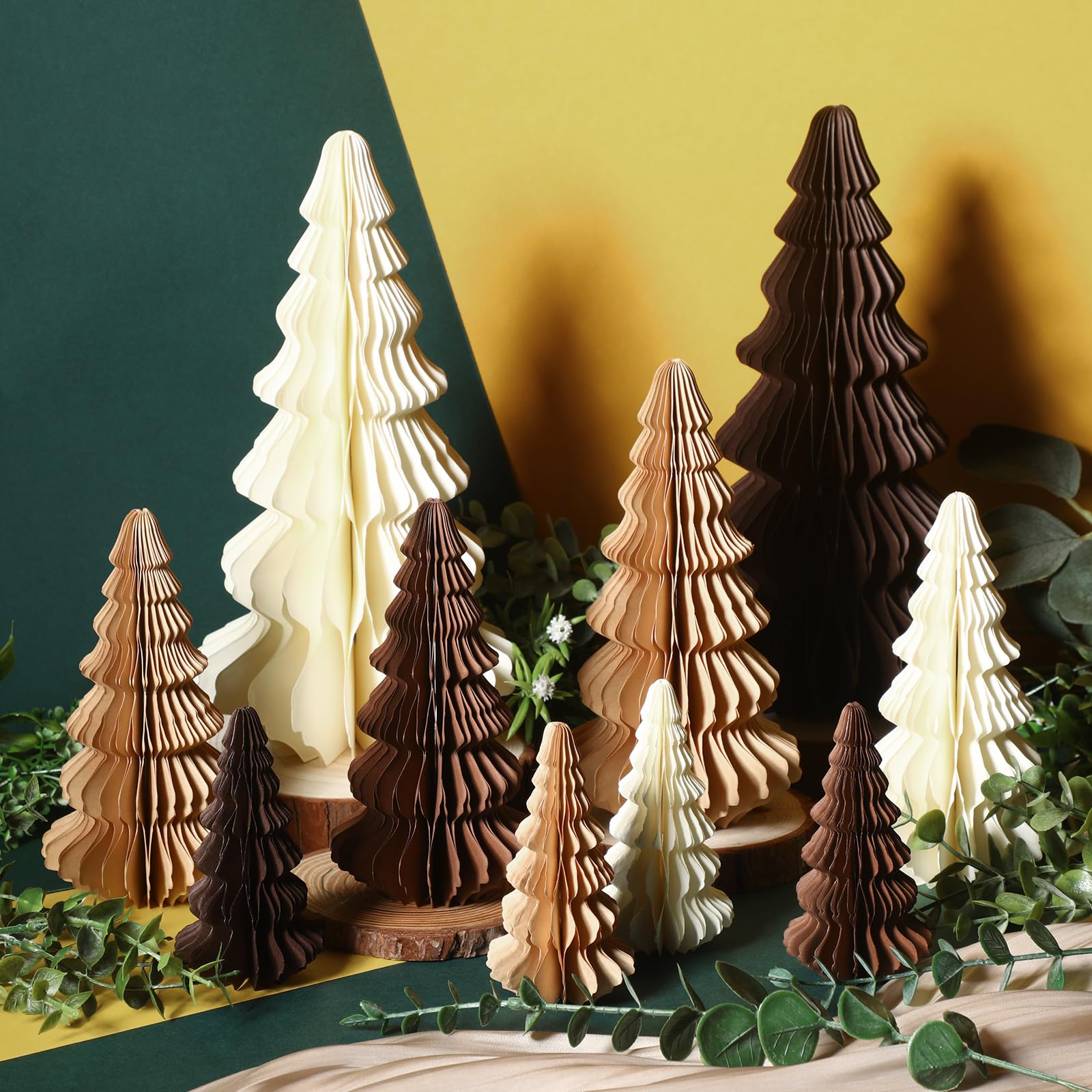 Fullhawl 10 Pcs Paper Christmas Trees Neutral Honeycomb Christmas Trees 4/6/ 7/10 Inch 3D Honeycomb Xmas Paper Cozy Table Orname