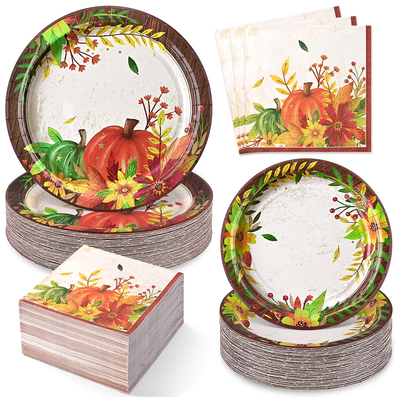 Homlouue 200 Pcs Fall Paper Plates and Napkins, Thanksgiving Plates and Napkins Sets, Fall Pumpkins Plate Disposable Party Suppl