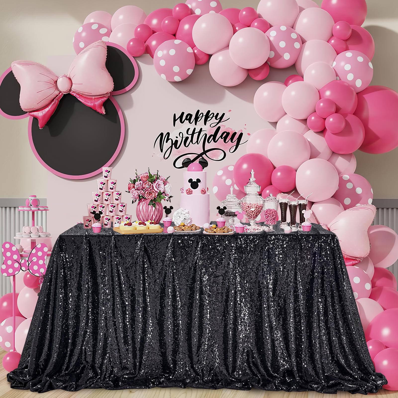 Queendream Black Party Decorations Sequin Tablecloth: Glitter Overlay 90X90 Inch Table Drapes For Banquet Wedding Theme Party Pl
