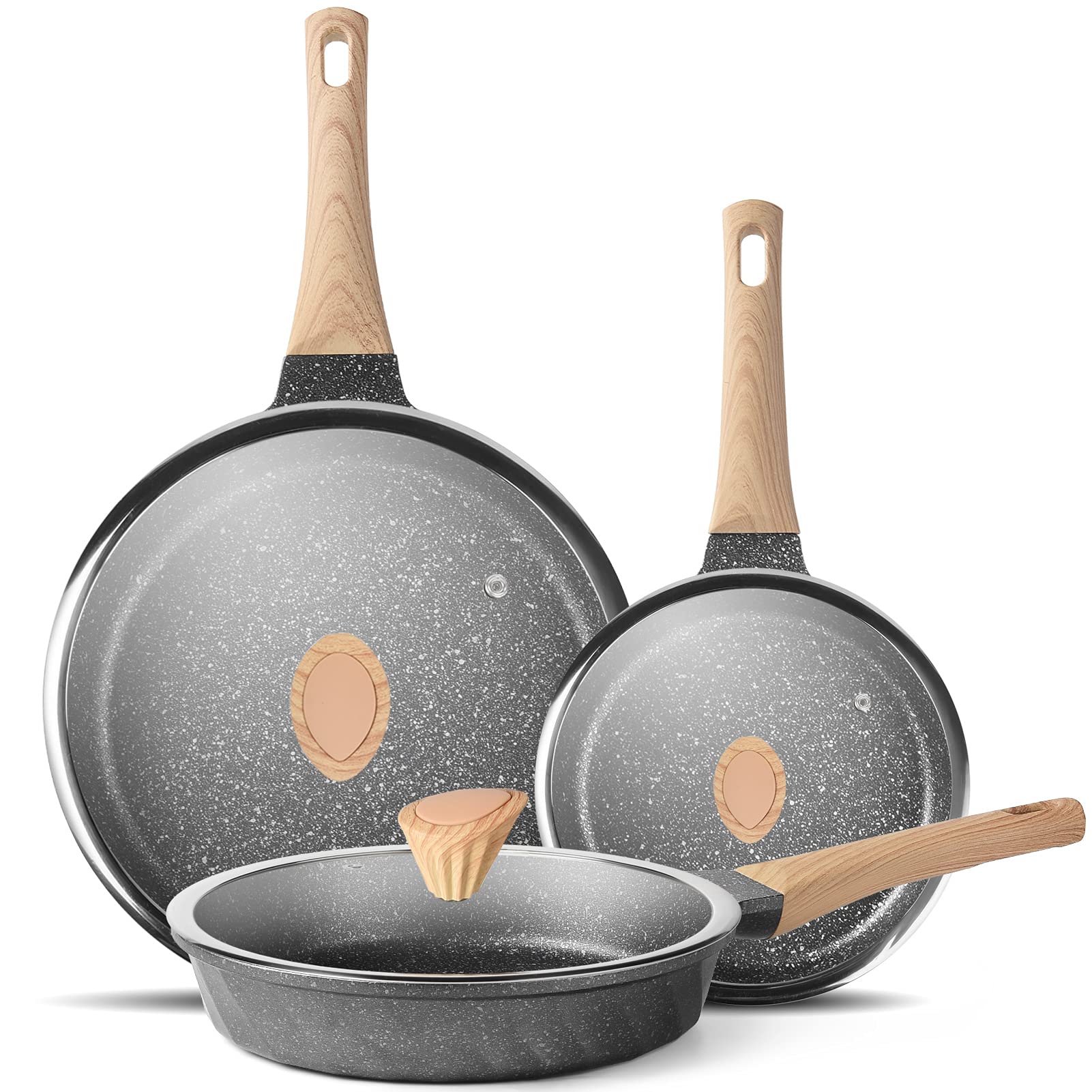 Yiifeeo Nonstick Frying Pan Set, Stone Skillet Set, Omelette Pan Cookware Set, Induction Frying Pan With 3 Lid(8Inch&9.5Inch&11I