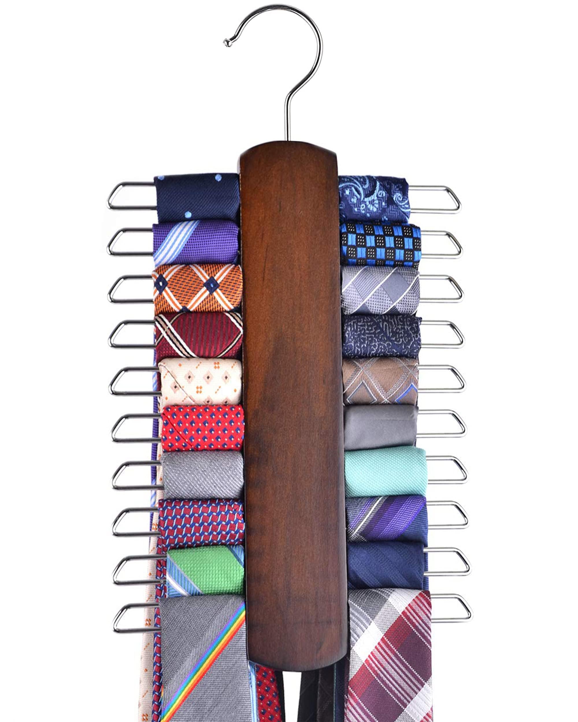 Umo Lorenzo Premium Wooden Necktie And Belt Hanger, Walnut Wood Center Organizer And Storage Rack With A Non-Slip Finish - 20 Ho