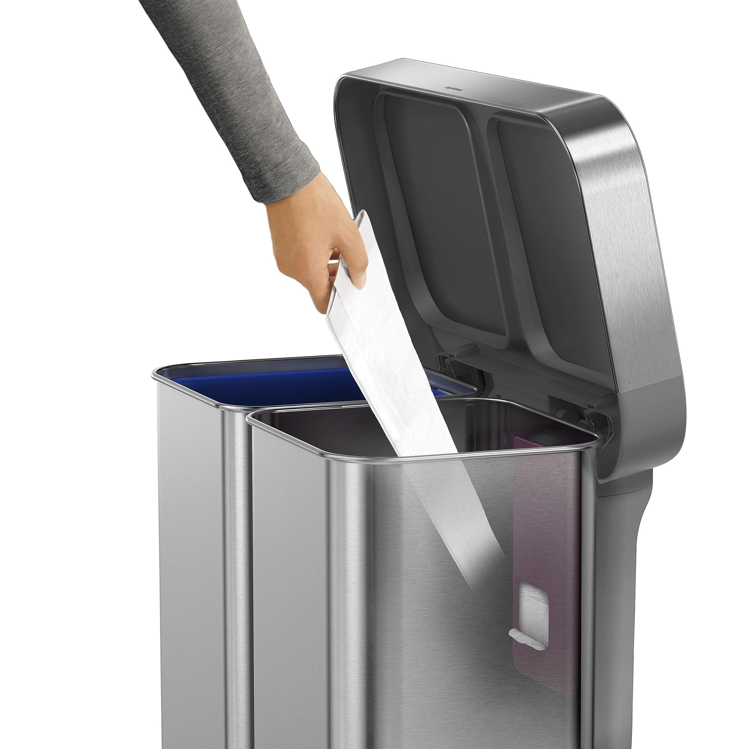 Simplehuman 58 Liter / 15.3 Gallon Rectangular Dual Compartment Recycling Step, Brushed Stainless Steel With Soft-Close Plastic