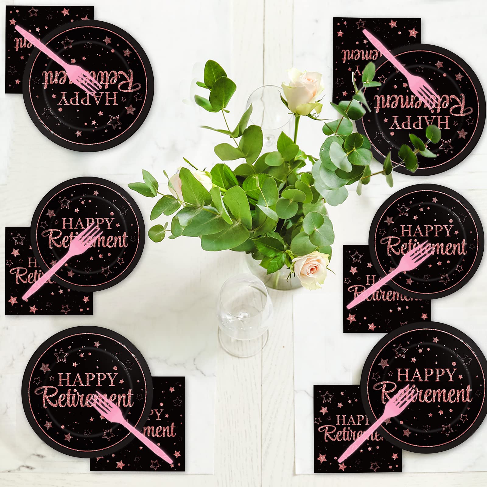 Wiooffen 96 Pcs Retirement Party Plates Napkins Tableware Set Rose Gold Happy Retirement Supplies Disposable Dinnerware Decorati