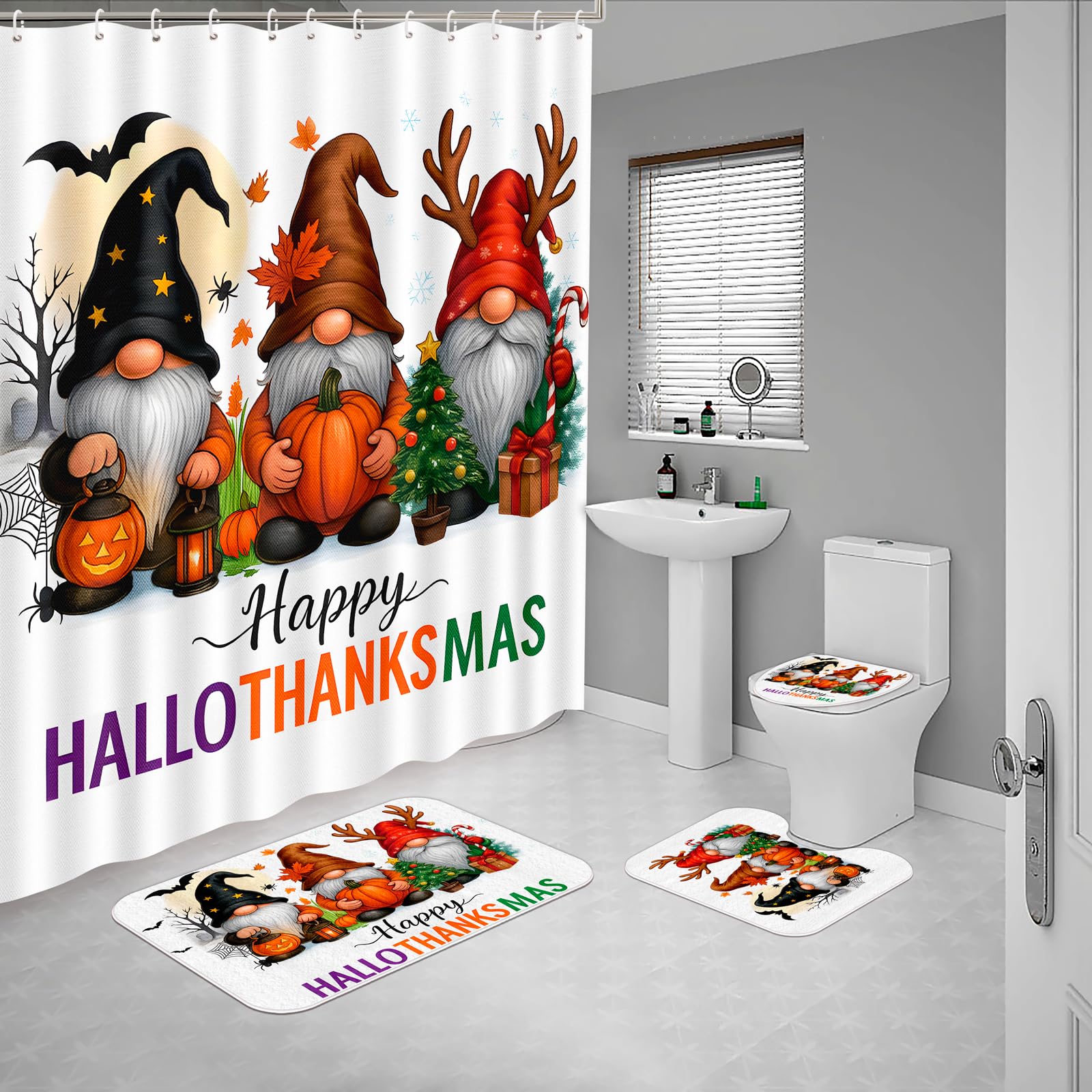 Tieshankao 4Pcs Halloween Shower Curtain Bathroom Set - Gnome Hallothanksmas Fall Autumn Thanksgiving Christmas Non Slip Rugs To