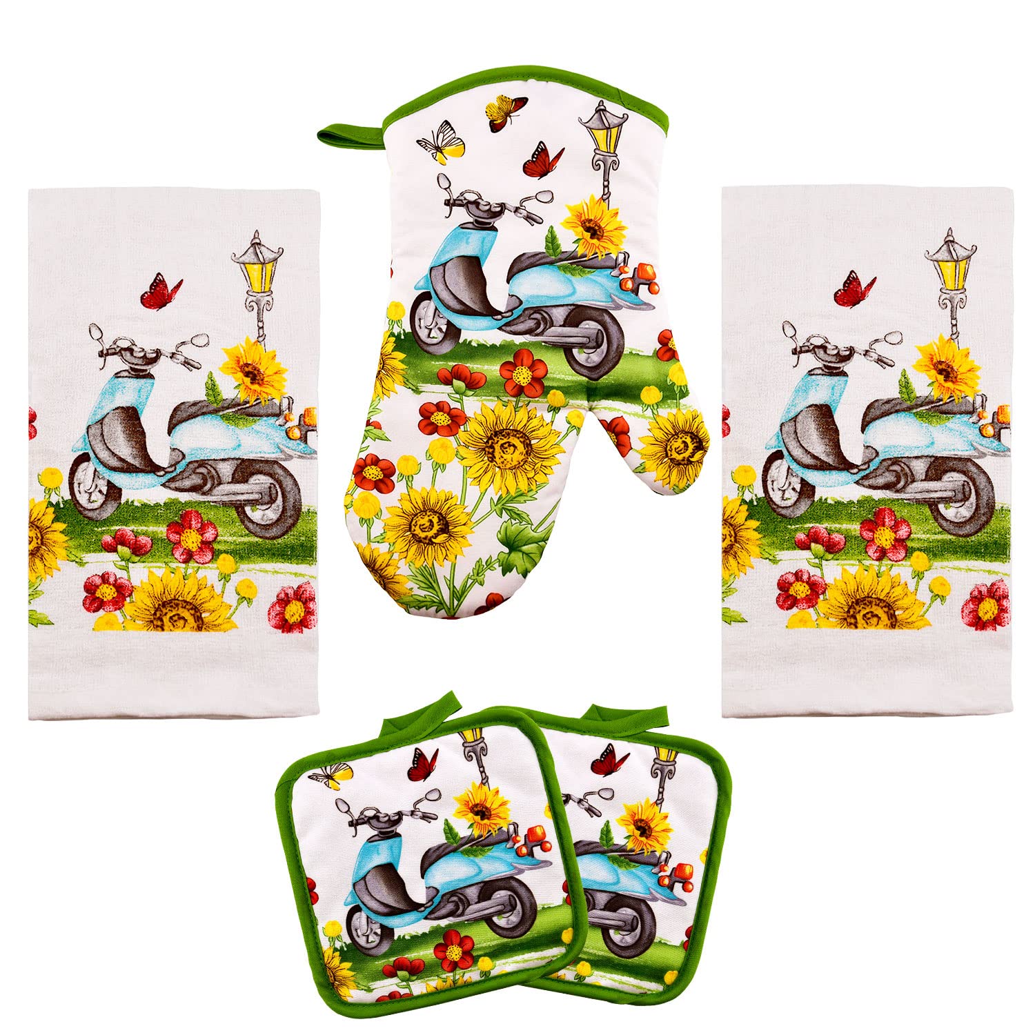 Lobyn Value Packs - Sunflowers & Butterflies & Blue Scooter: 5 Piece Kitchen Towel Set With 2 Decorative Dish Towels (25X15), 1