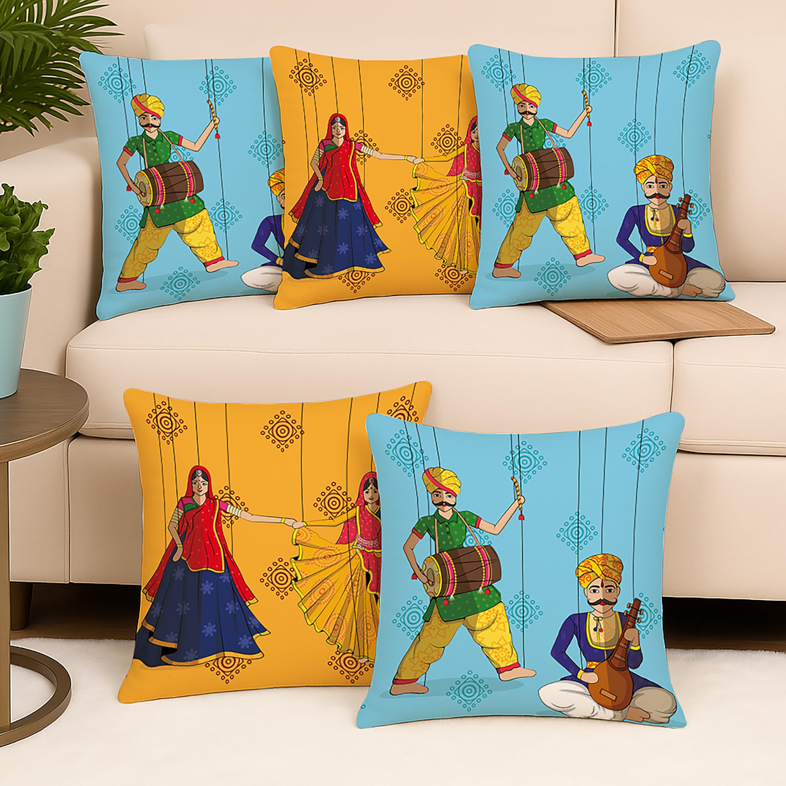 Amazon Brand - Umi Rajasthani Culture Printed Polycotton Cushion Cover, Set Of 5 (18 X 18 Inches / 45 X 45 Cm)