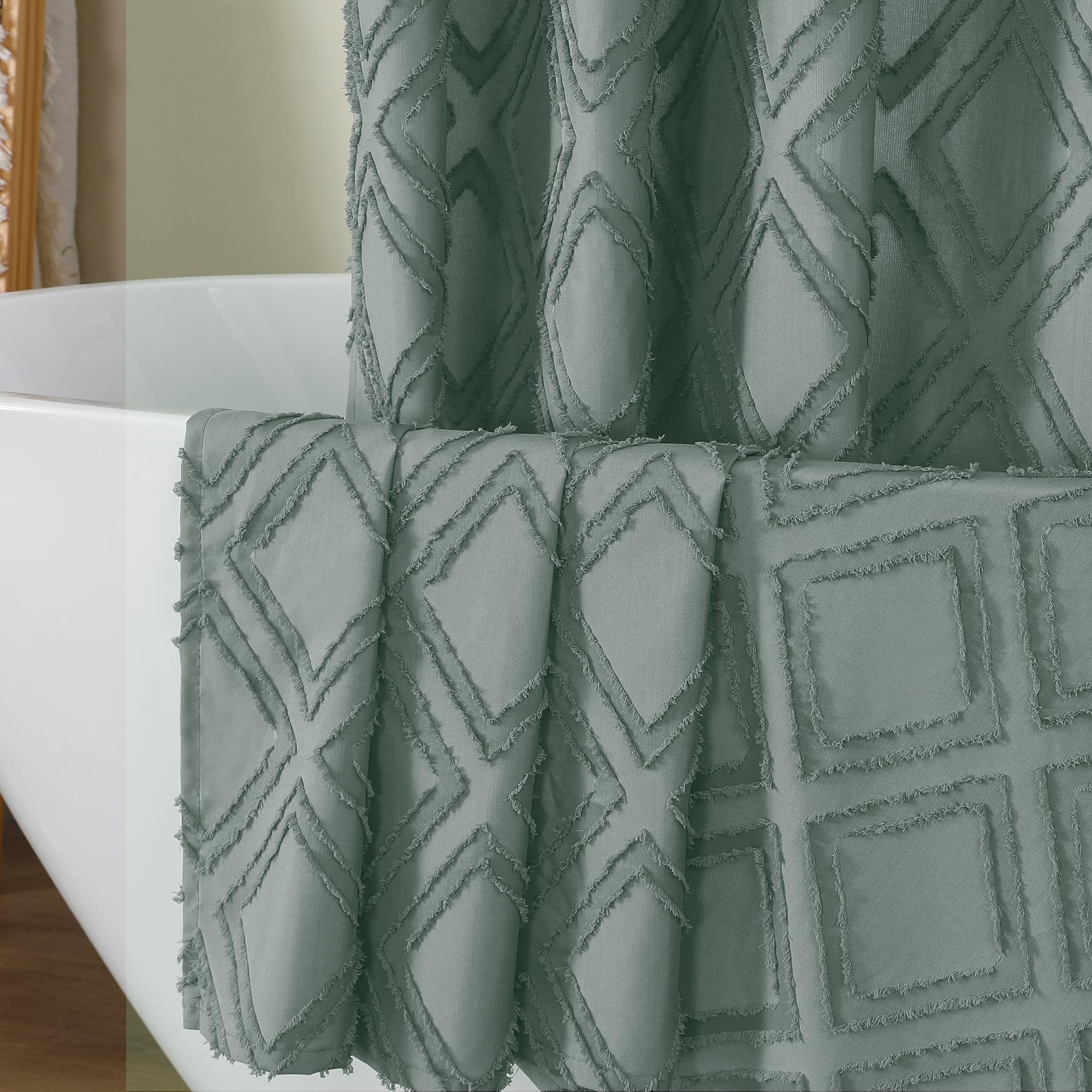 Owenie Sage Green Shower Curtain Set, Jacquard Geometric Textured Fabric Boho Shower Curtains For Bathroom, Soft Hotel Style Far