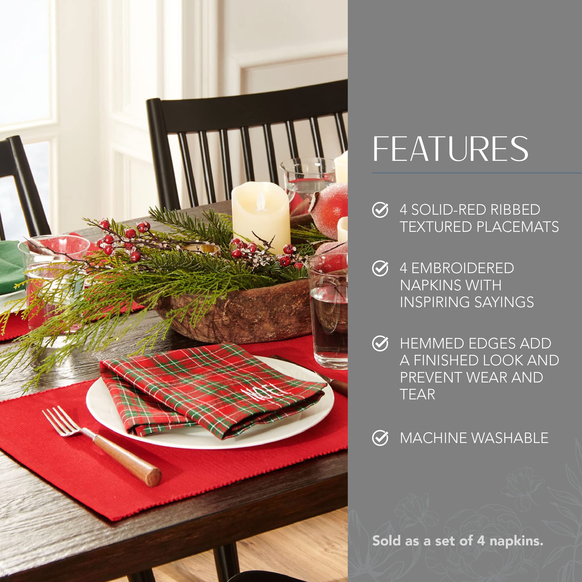 Elrene Home Fashions Holiday Sentiments Fabric Placemat And Napkin Value Set, Set Of 4 Napkins And 4 Placemats, 13 X 19 Inches