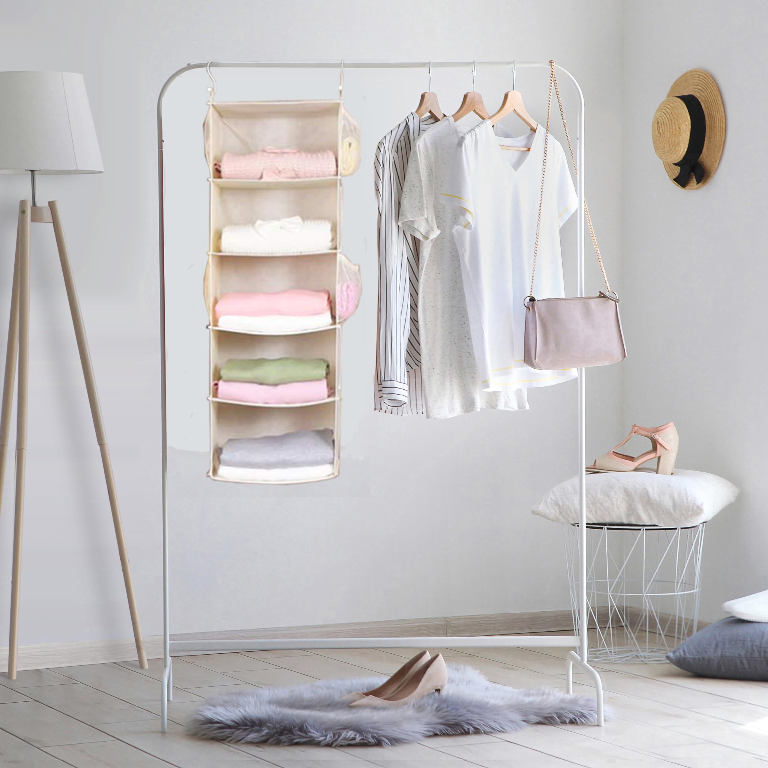 Max Houser 5 Shelf Hanging Closet Organizer, Space Saver, Cloth Hanging Shelves With 4 Side Pockets, Foldable, Beige