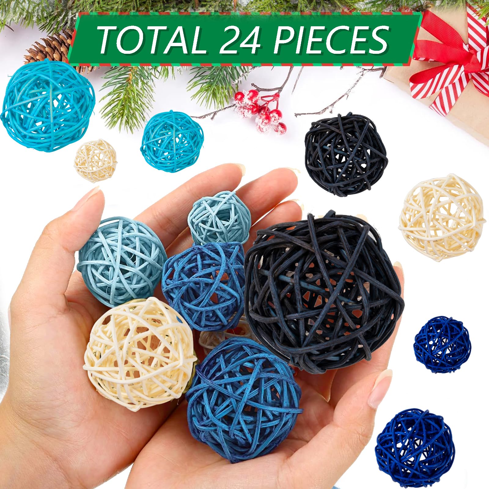 GuassLee Decorative Balls for Bowls Centerpiece, 24Pcs Blue Wicker Rattan Balls Vase Fillers Potpourri Bowl Filler for Home Bath