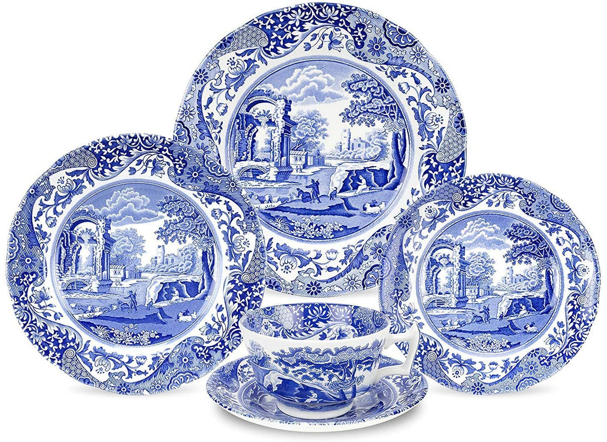 Spode Blue Italian 5-Piece Place Setting | Dinner Plate, Salad Plate, Bread & Butter Plate, Teacup and Saucer | Dishwasher Safe