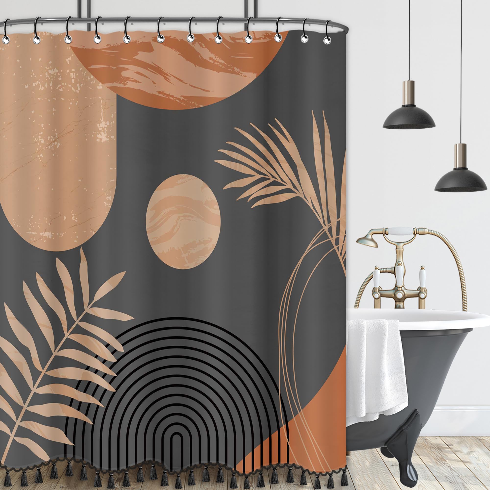 Giumsi 72'' X 78'' Boho Mid Century Leaf Shower Curtain,Arch Sun Design,Minimalistic Leaves Pattern,Waterproof And Luxurious Cho