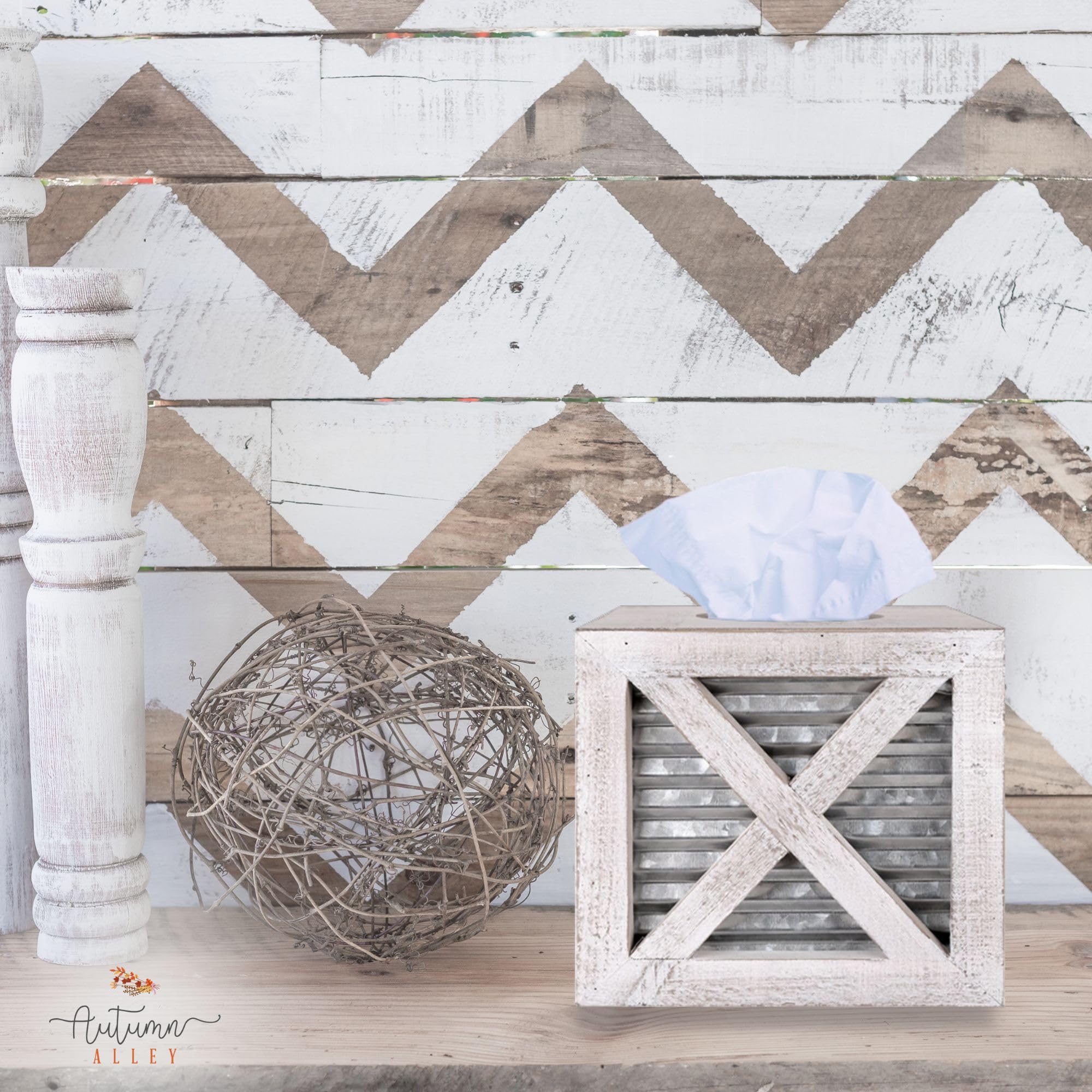 Autumn Alley Barn Door Square Farmhouse Tissue Box Cover In White And Galvanized - Farmhouse Bathroom Accessories - Rustic Bathr