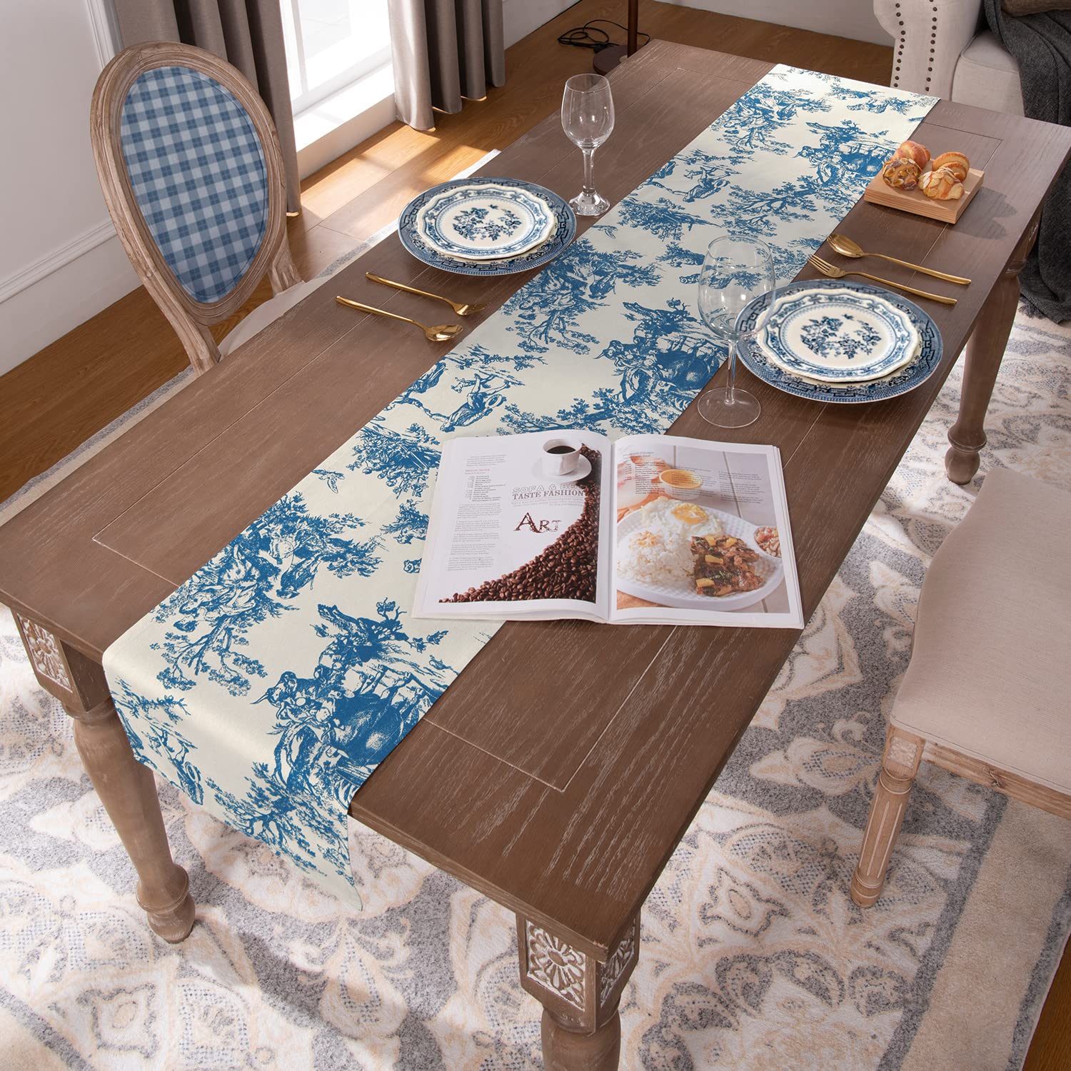 Royal Blue Table Runners 90 Inches Long For Dining Table Decor,Chinoserie Toile Print French Country Tablecloth Table Cloth Runn