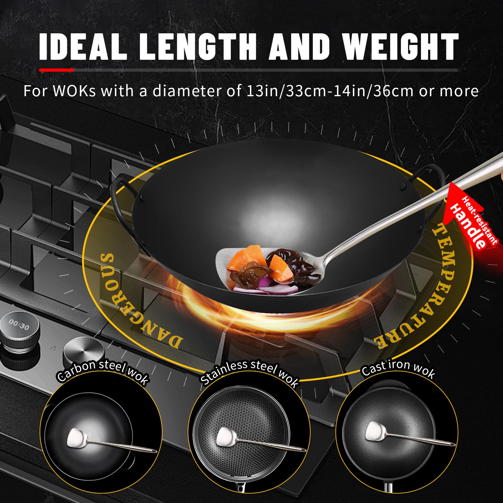 Wok Spatula And Ladle Tools Set,16.5-17 Long Handle 304 Stainless Steel Wide Wok Spatula And Ladle Set For Wok Cooking,Heat Resi