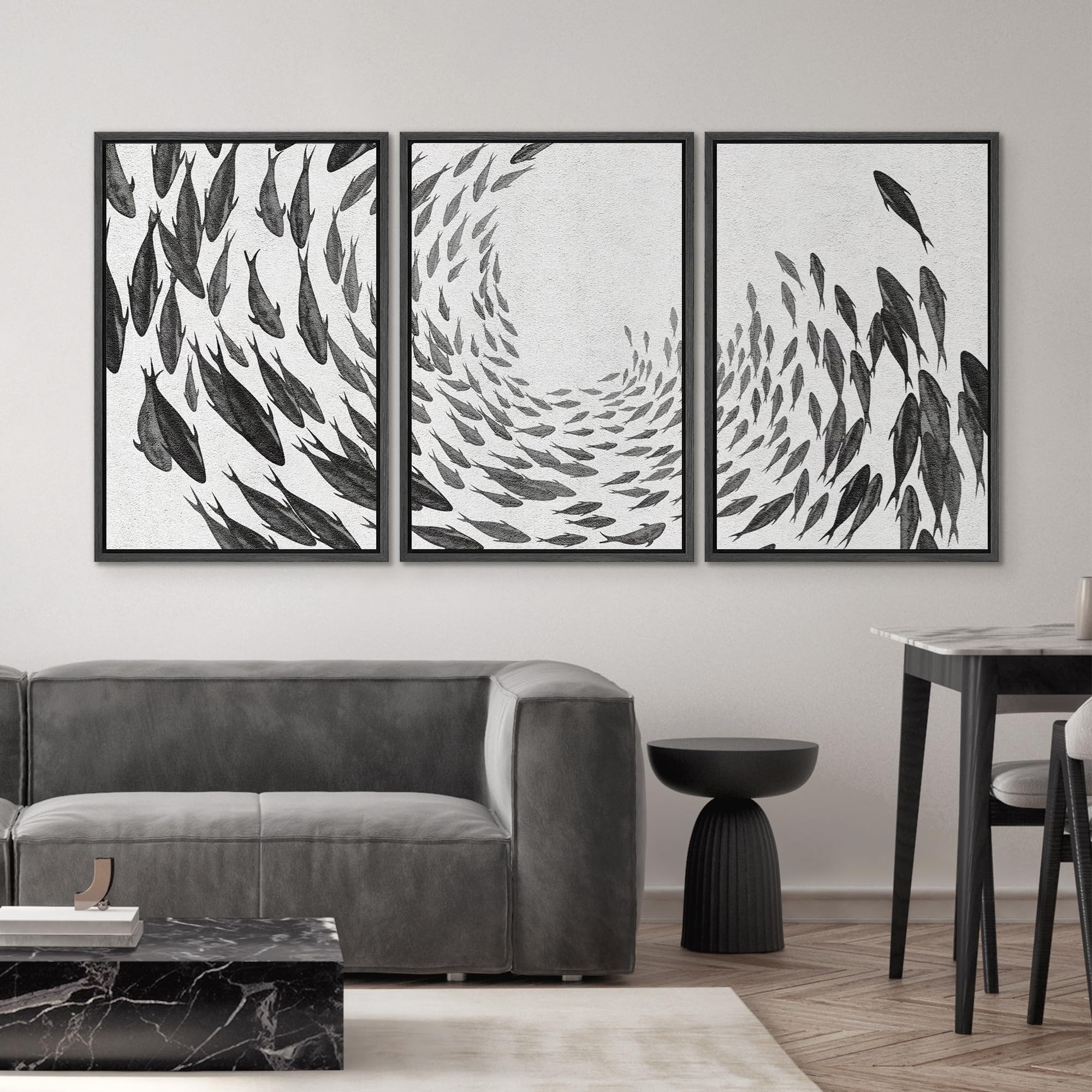 Signwin Framed Canvas Print Wall Art Swirling School Of Fish Abstract Shapes Illustrations Modern Art Minimalist Black And White