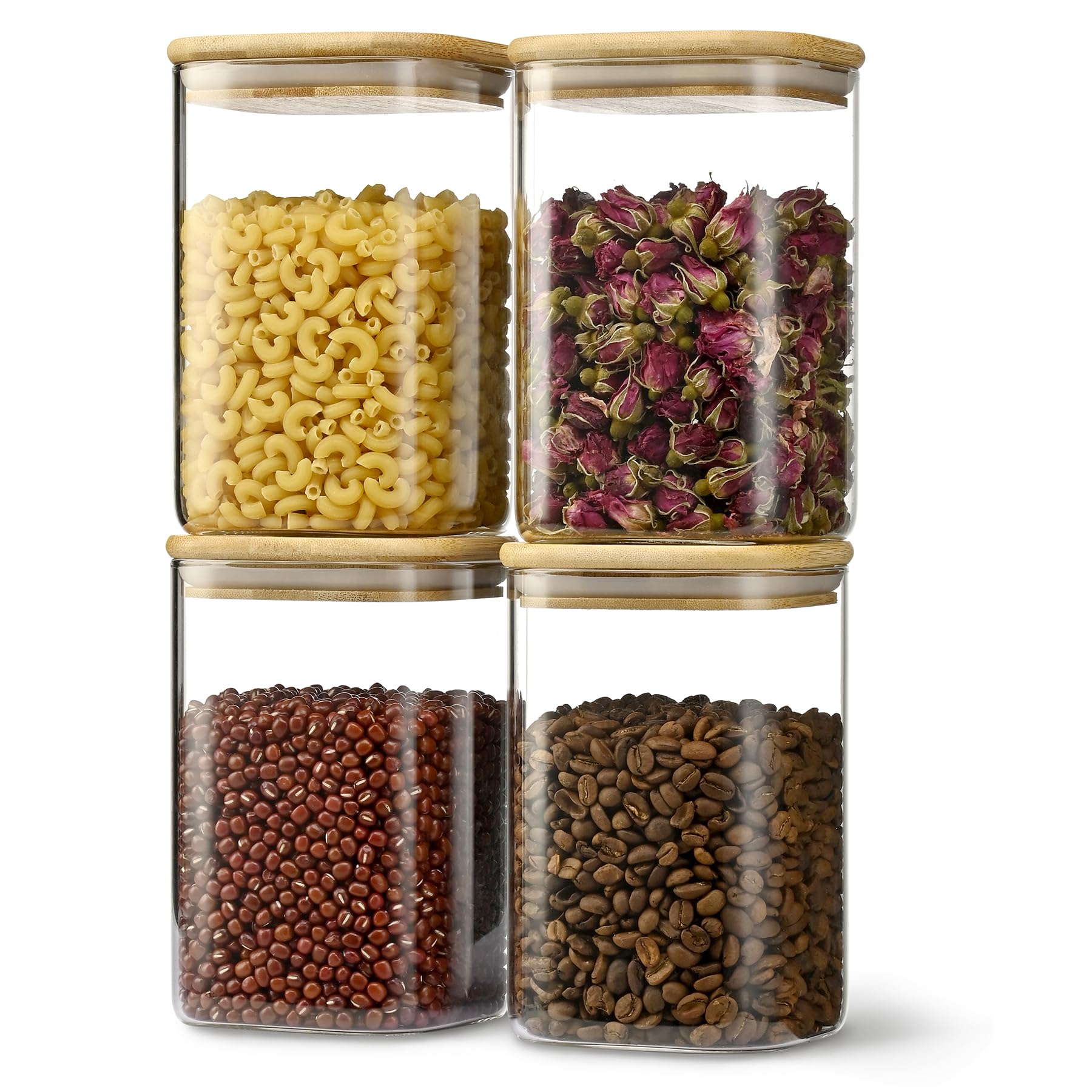 D2scrma 37oz Airtight Glass Square Storage Canister with Bamboo Lid Set of 4 (1100ml) Container Stackable Jar, Kitchen Canister 