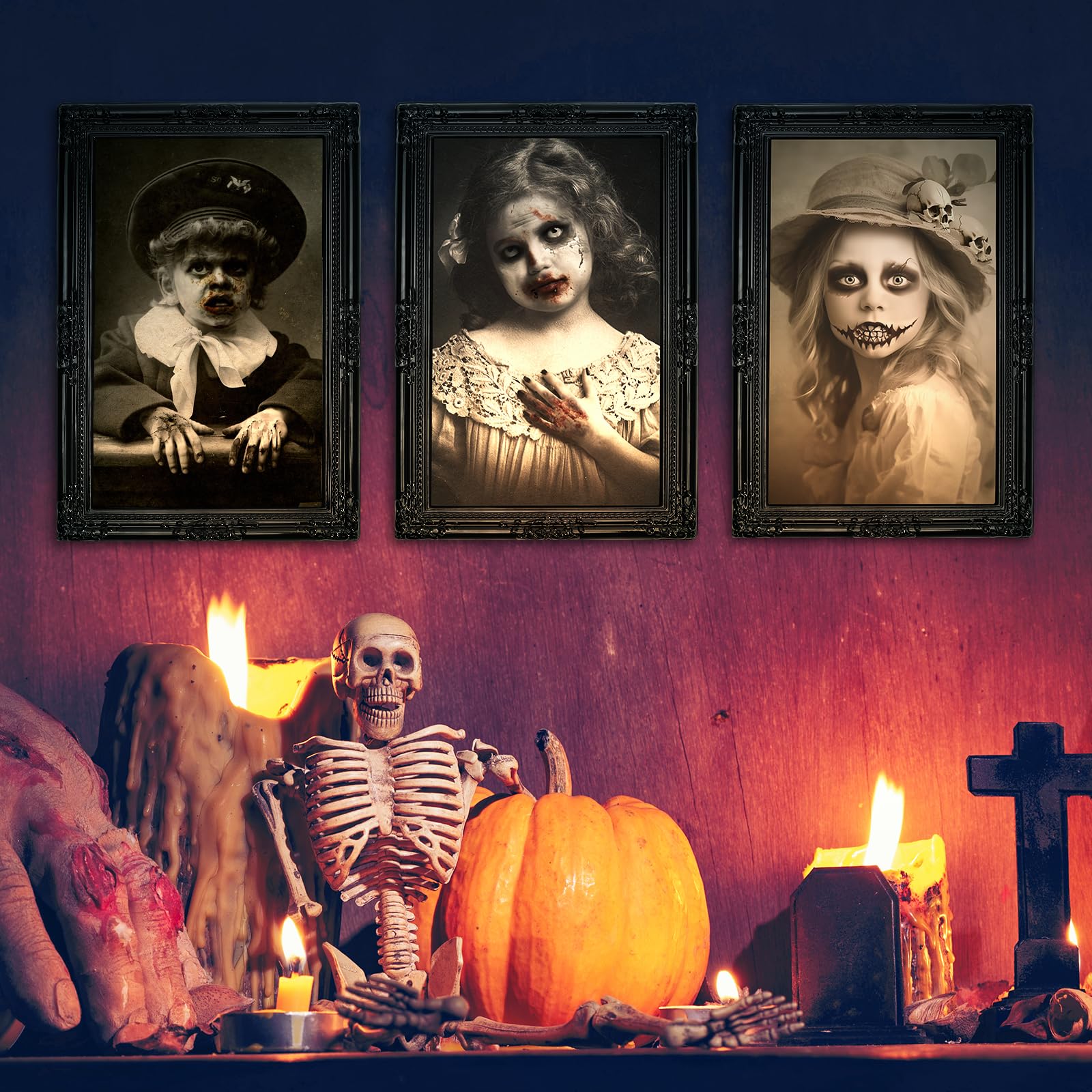 Halloween Decorations Indoor Scary Wall Decor, 3Pack 3D Changing Face Moving Picture Frames Portrait, Gothic Horror Poster Castl