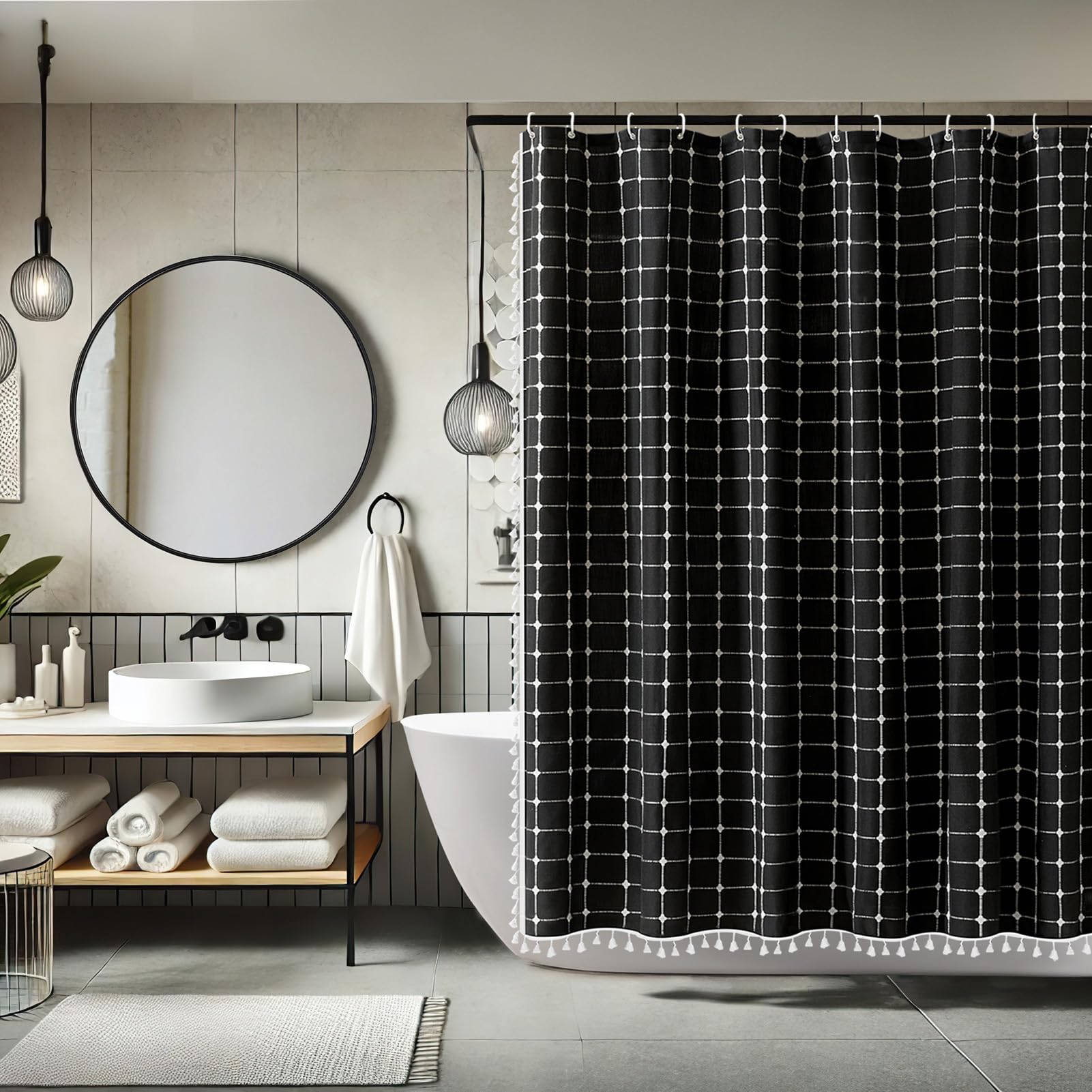 Yuanice Boho Shower Curtain Black Fabric 60 Inch Stall, Linen Heavy Duty Cloth Thick Cotton Shower Curtain Set With Tassels, Mod