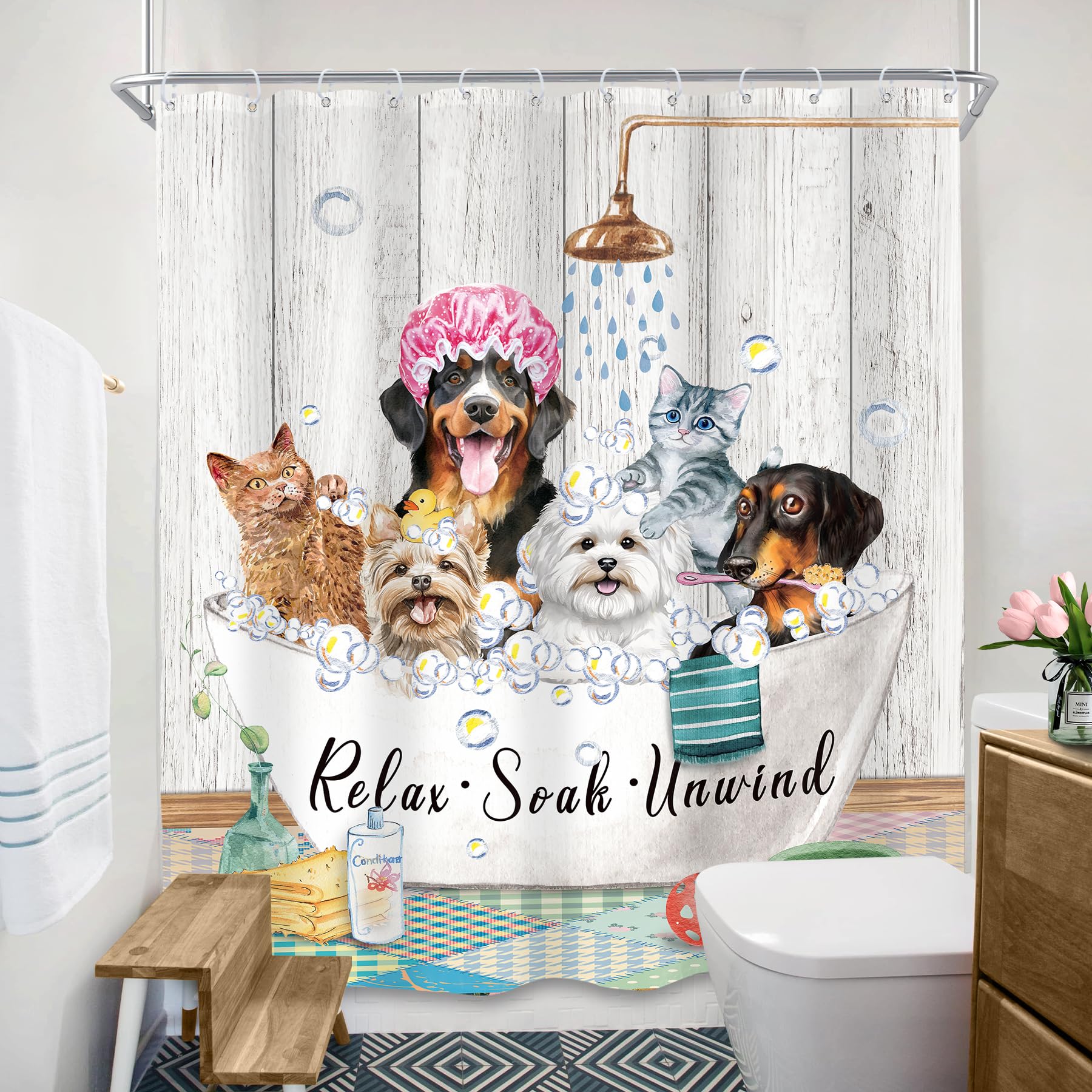Svbright Funny Kids Shower Curtain 60Wx72L Inch Cute Dogs Cats Animal Taking A Bath In Bathtub Bubbles Farmhouse Hilarious Lovel