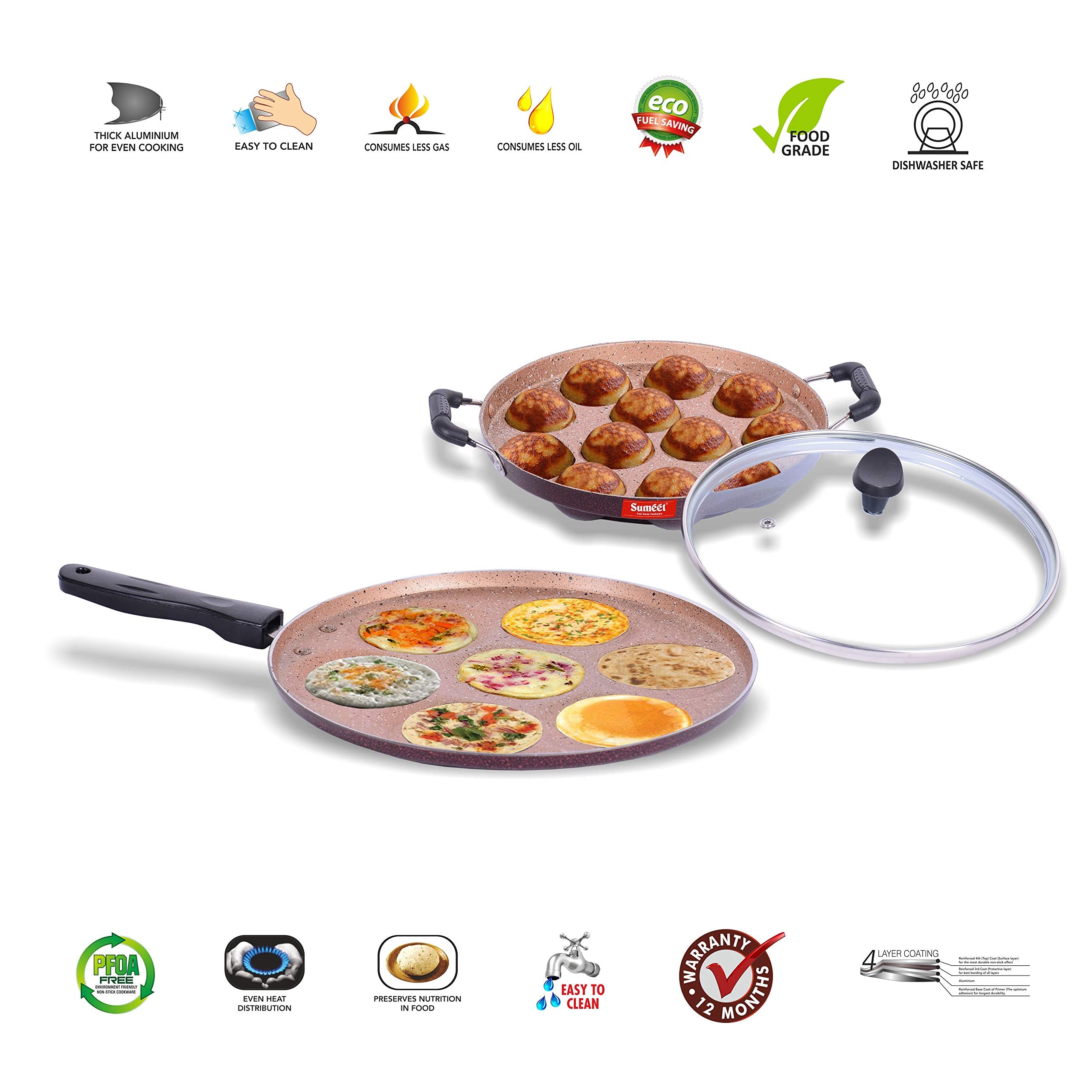 Sumeet Nonstick Granite Finish 2Pcs ELITE Combo Set (Grill Appam Patra With Glass Lid - 12 Cavity - 23cm Dia + Multi Snack Maker