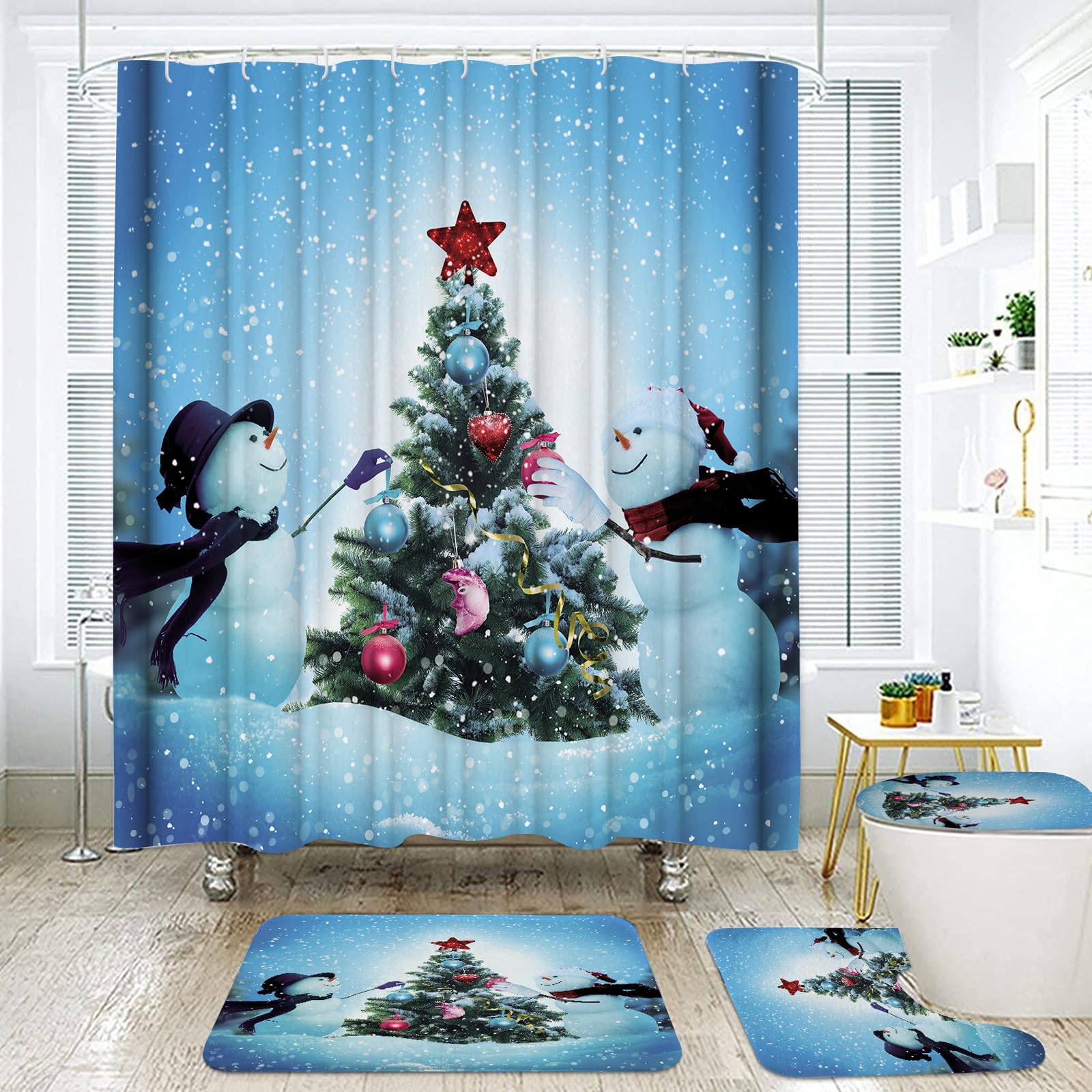 Onalasyc 4-Piece Christmas Shower Curtain Set,Winter Xmas Tree Interesting Snowman Christmas Shower Curtain Set with Rugs,Waterp