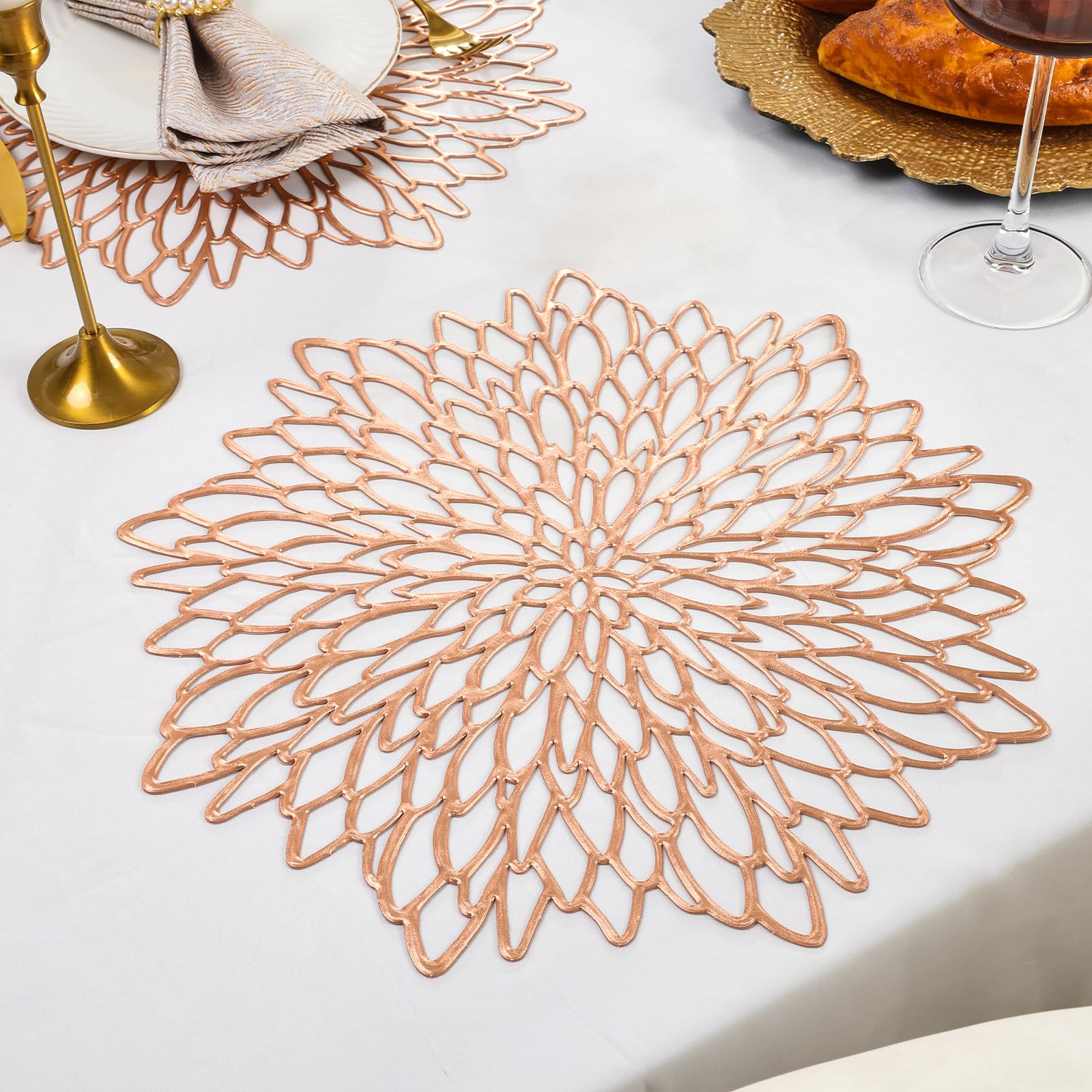 U'Artlines 6 Pair Rode Gold Floral Hollow Out Placemats With Matching Coasters, Total 12 Pcs Metallic Laminated Vinyl Placemats