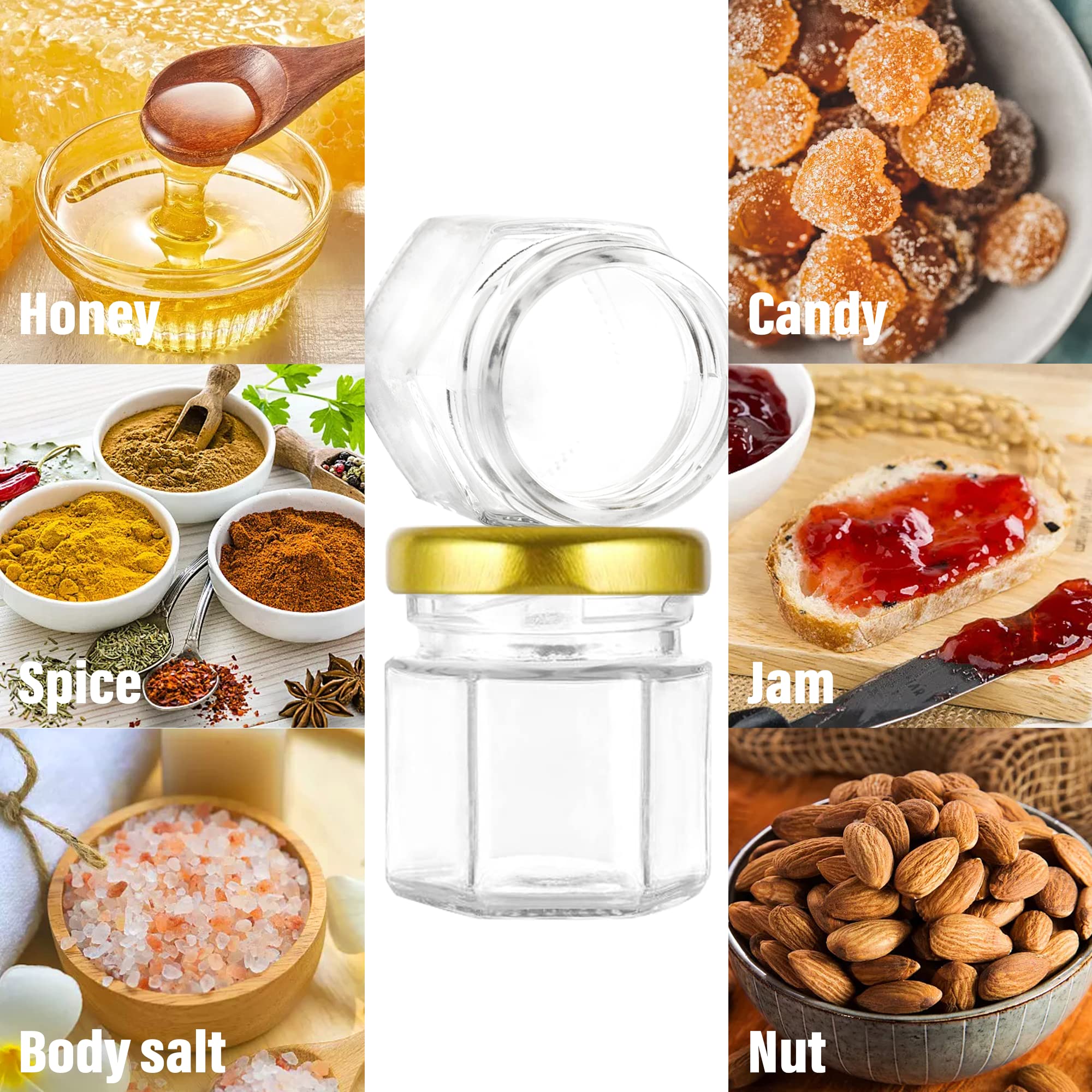 Givameihf Mini Glass Honey Jars-1.5 Oz,60Pcs Hexagon Honey Jars With Wood Dipper,Stickers,Bee Pendants,Tags,Rope,Small Honey Jar