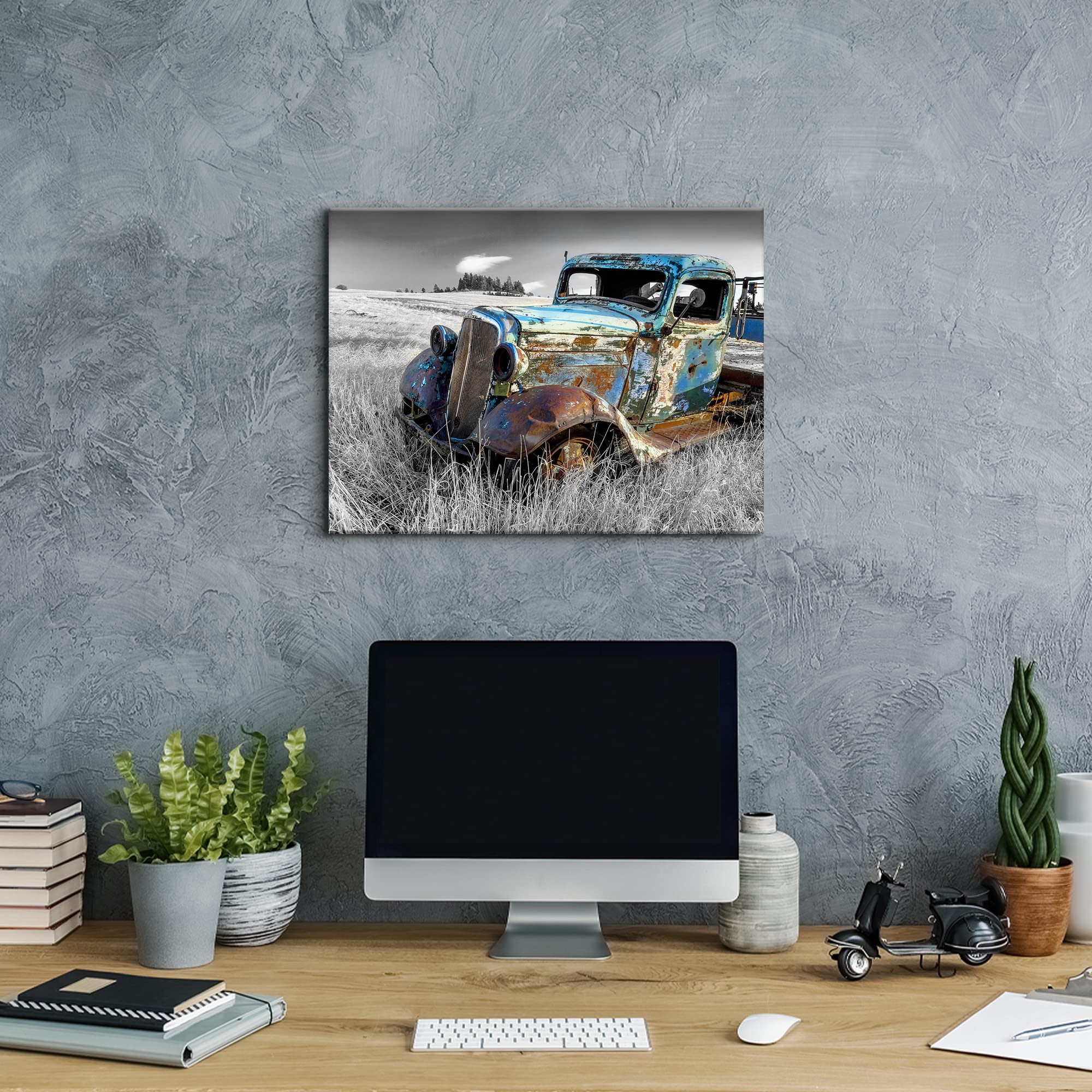 Sunflax Old Truck Canvas Wall Art: Rusty Blue Car Artwork Rustic Automobile Painting Vintage Antique Country Picture Black And W