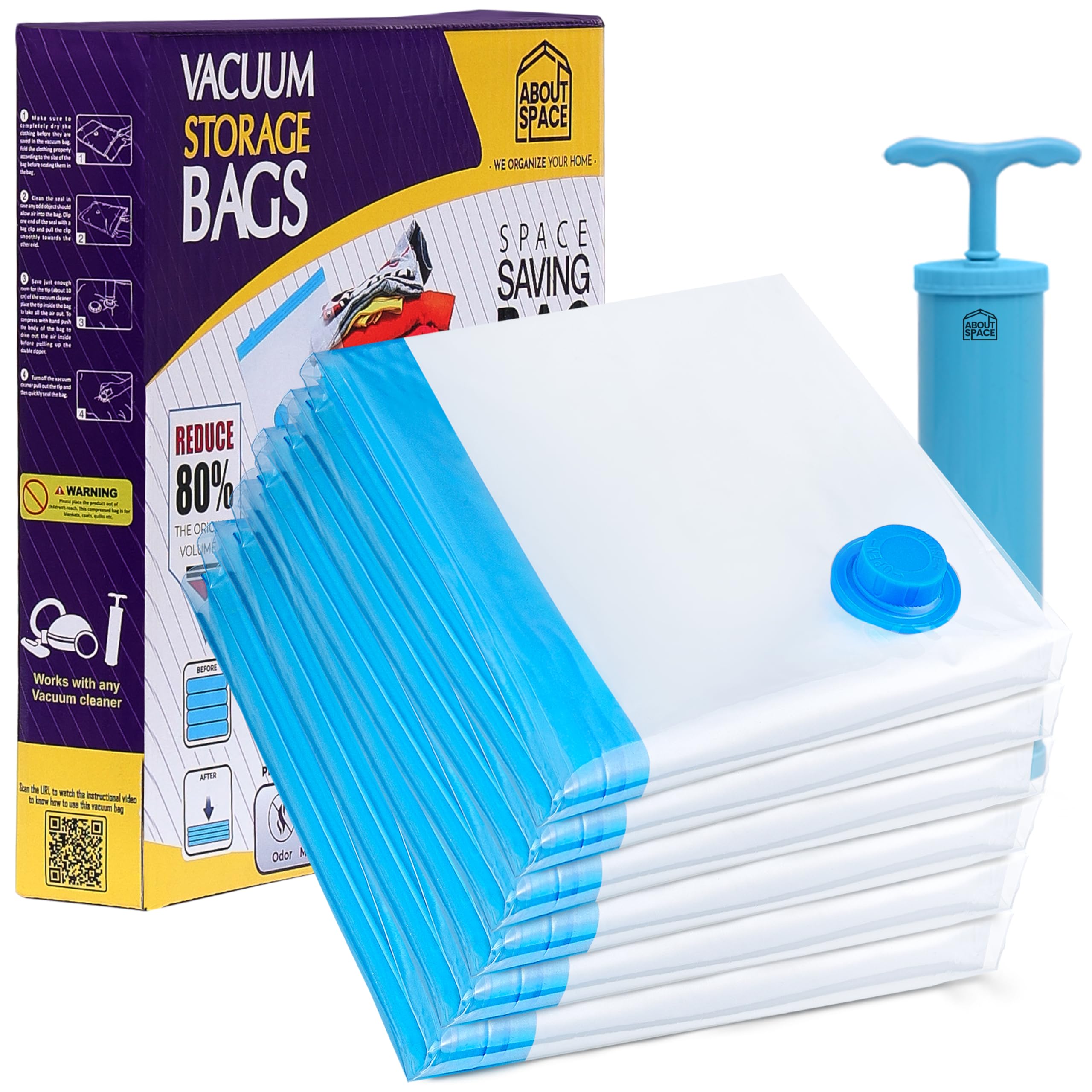 About Space Polyamide Polyethylene Vacuum Compression Bags (6 Pack) With Hand Pump | Jumbo Zip Seal Compression Storage Bags | H