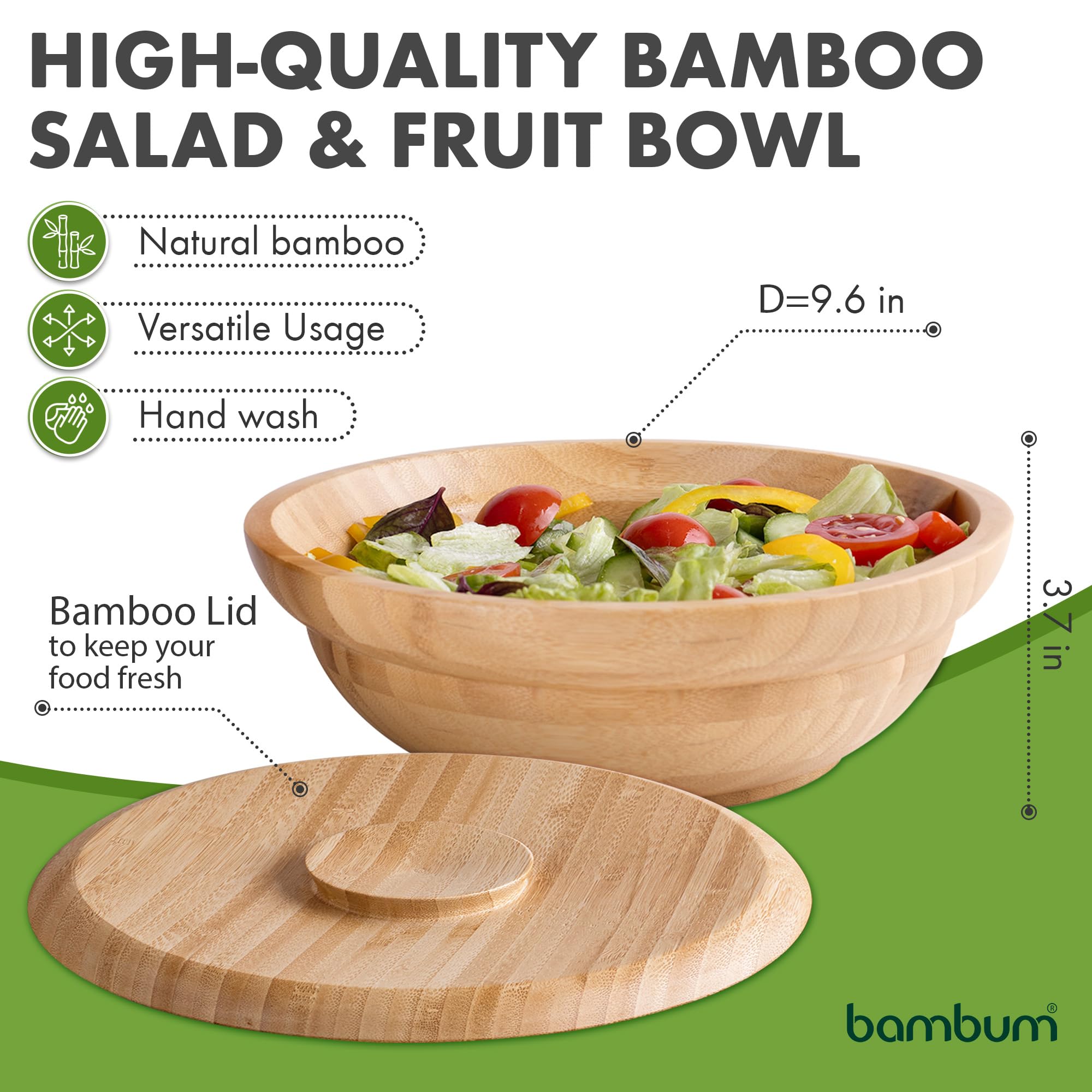 Bambum Minola Bamboo Salad And Fruit Bowl With Lid, 9.6'' Diameter X 3.7'' Height, Natural Bamboo Wood Salad And Fruit Bowl, Woo