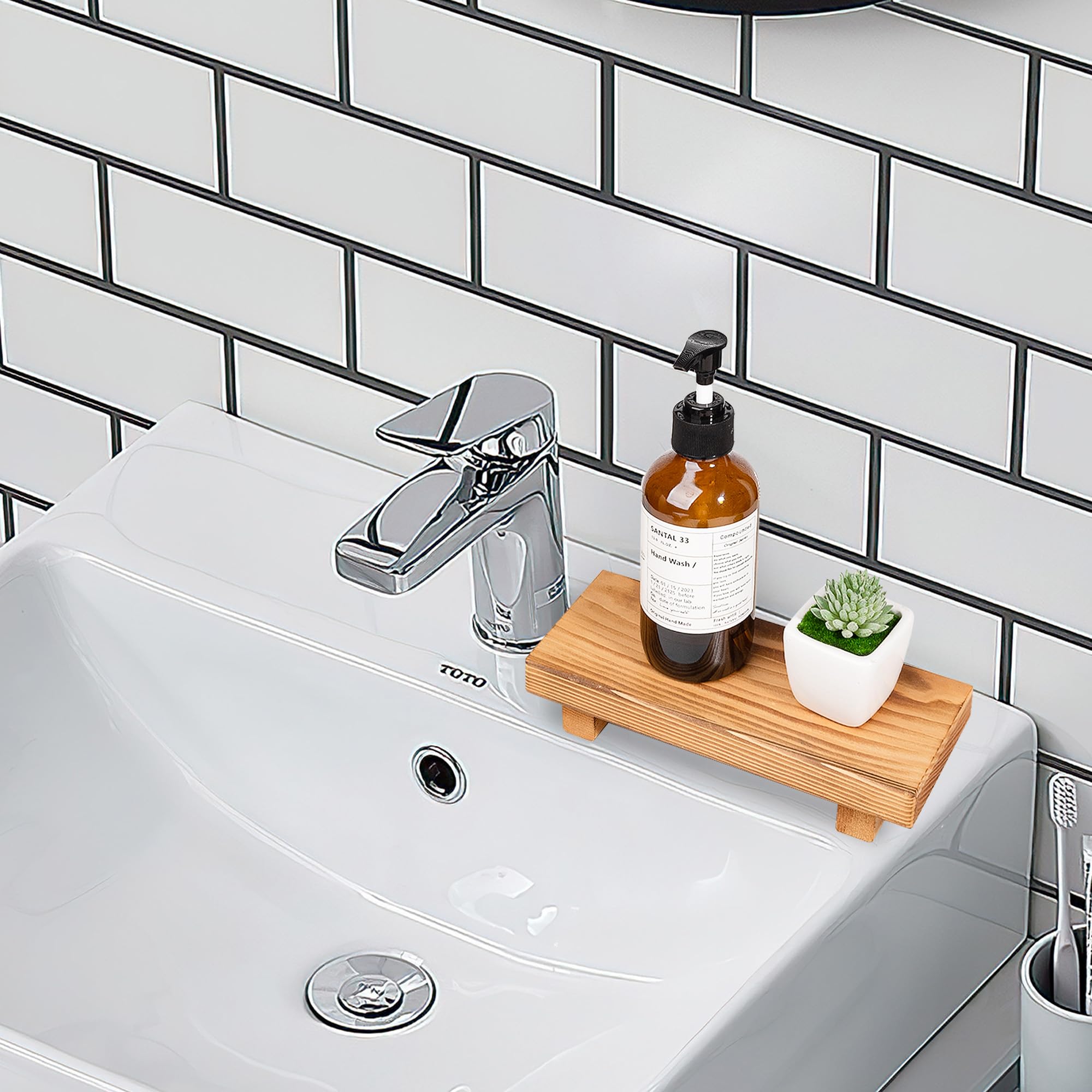 Bathroom Counter Organizer Wood Pedestal Stand Farmhouse Decorative Tray Soap Holder For Kitchen Decor, Small, Brown